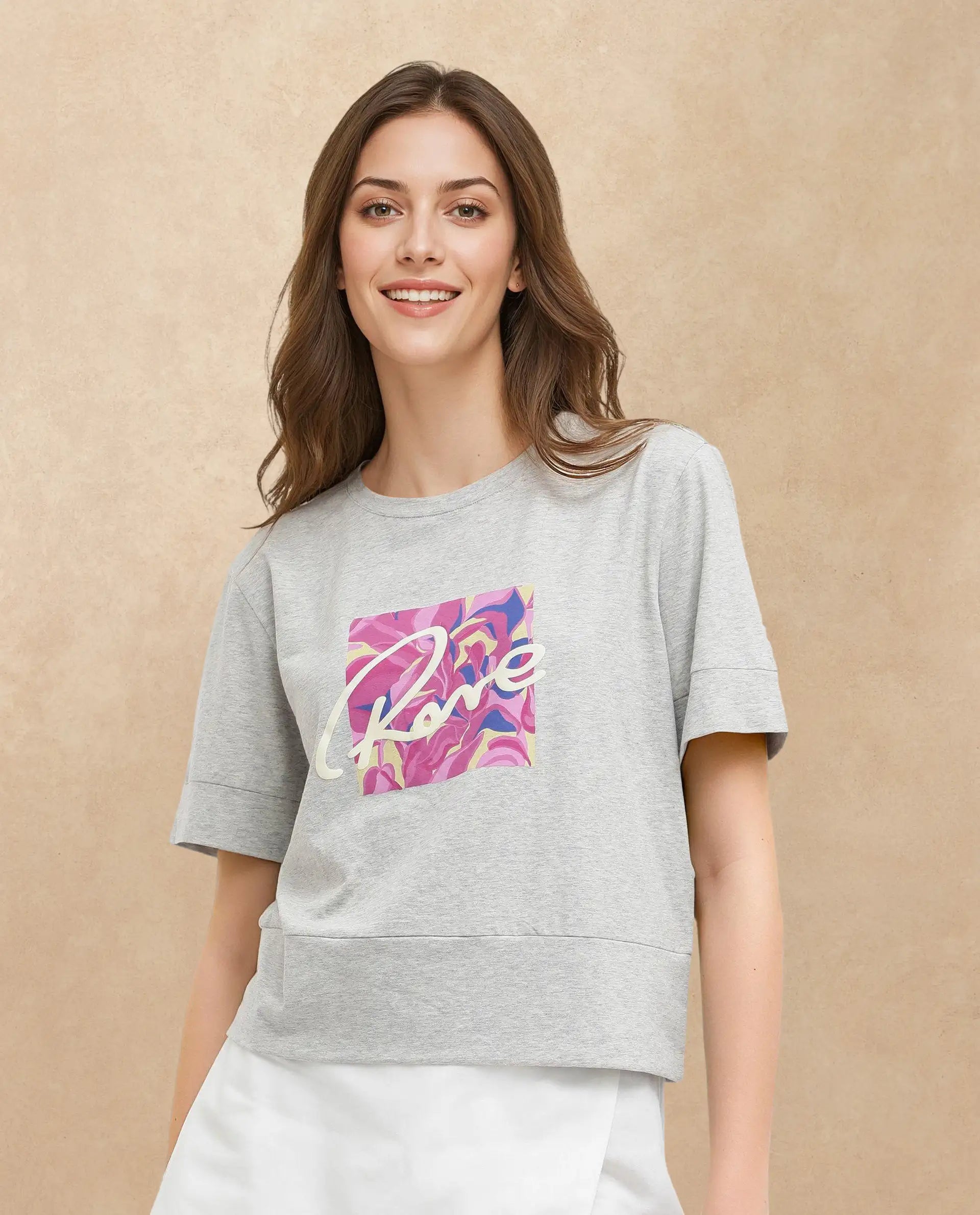 Rareism Women Sandre Melange Grey Cotton Elastane Fabric Crew Neck Knit Solid T-Shirt