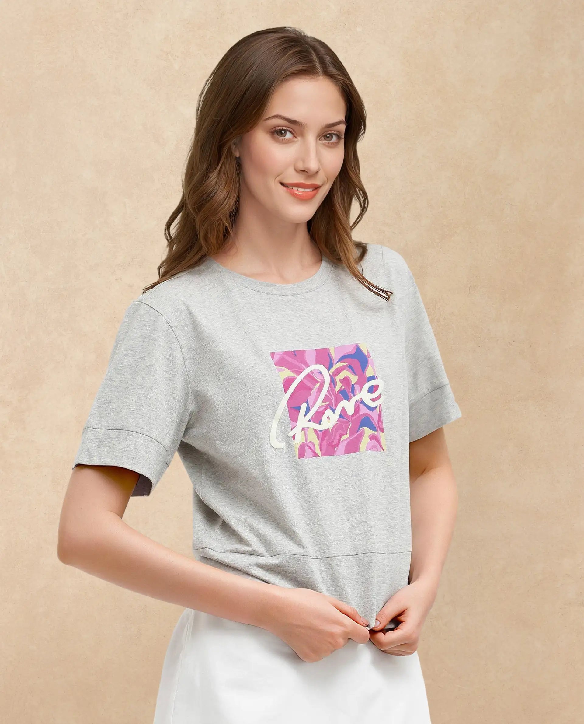 Rareism Women Sandre Melange Grey Cotton Elastane Fabric Crew Neck Knit Solid T-Shirt