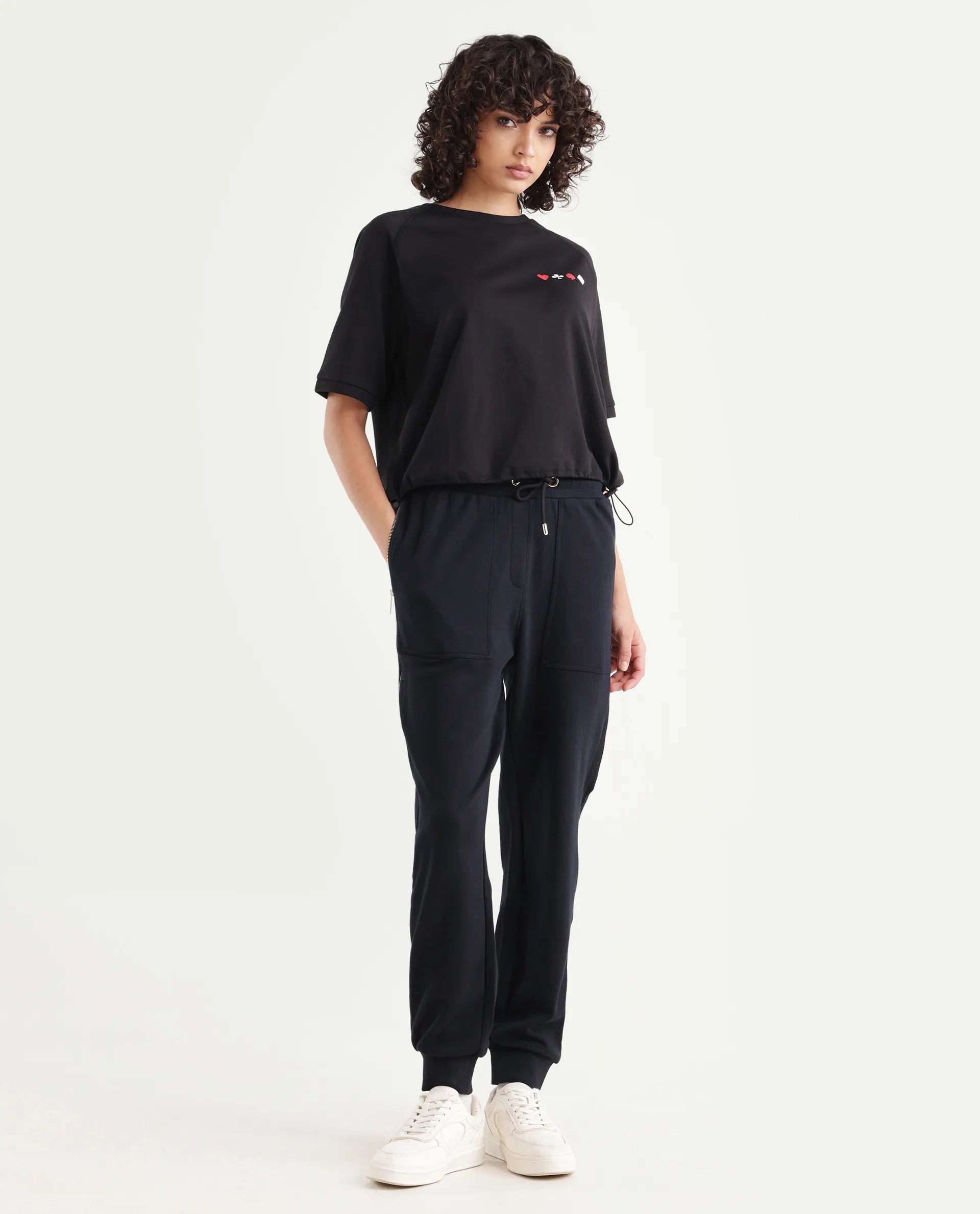 Rareism Women's Saints Black Cotton Blend Plain Ankle Length Regular Fit Track Pant