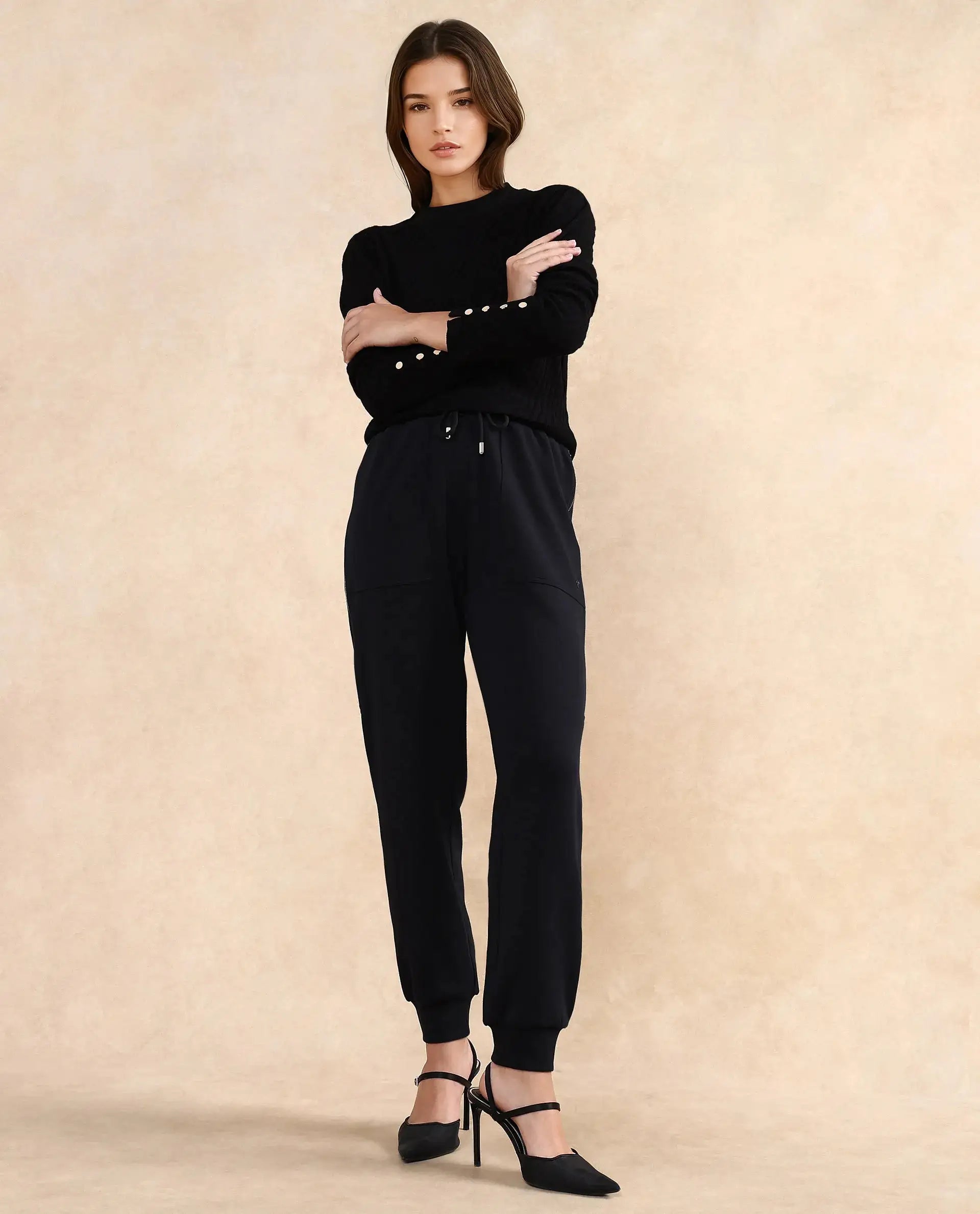 Rareism Women Saints Black Cotton Blend Fabric Ankle Length Plain Track Pant