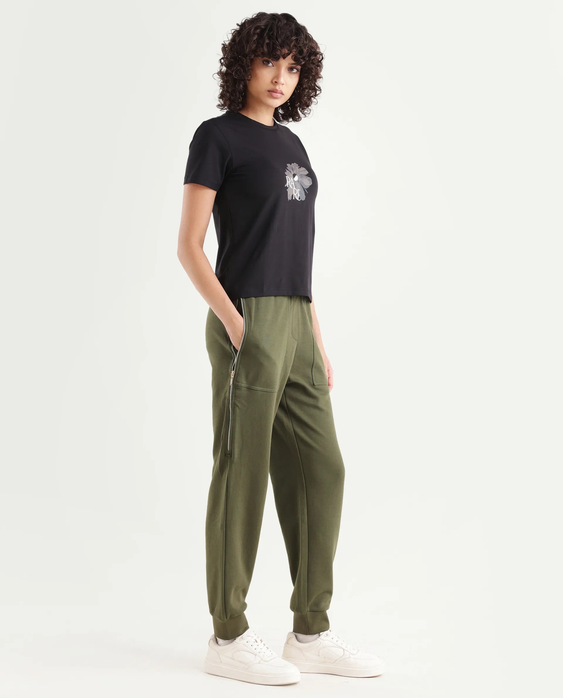 Rareism Women's Saints Olive Cotton Blend Plain Ankle Length Regular Fit Track Pant