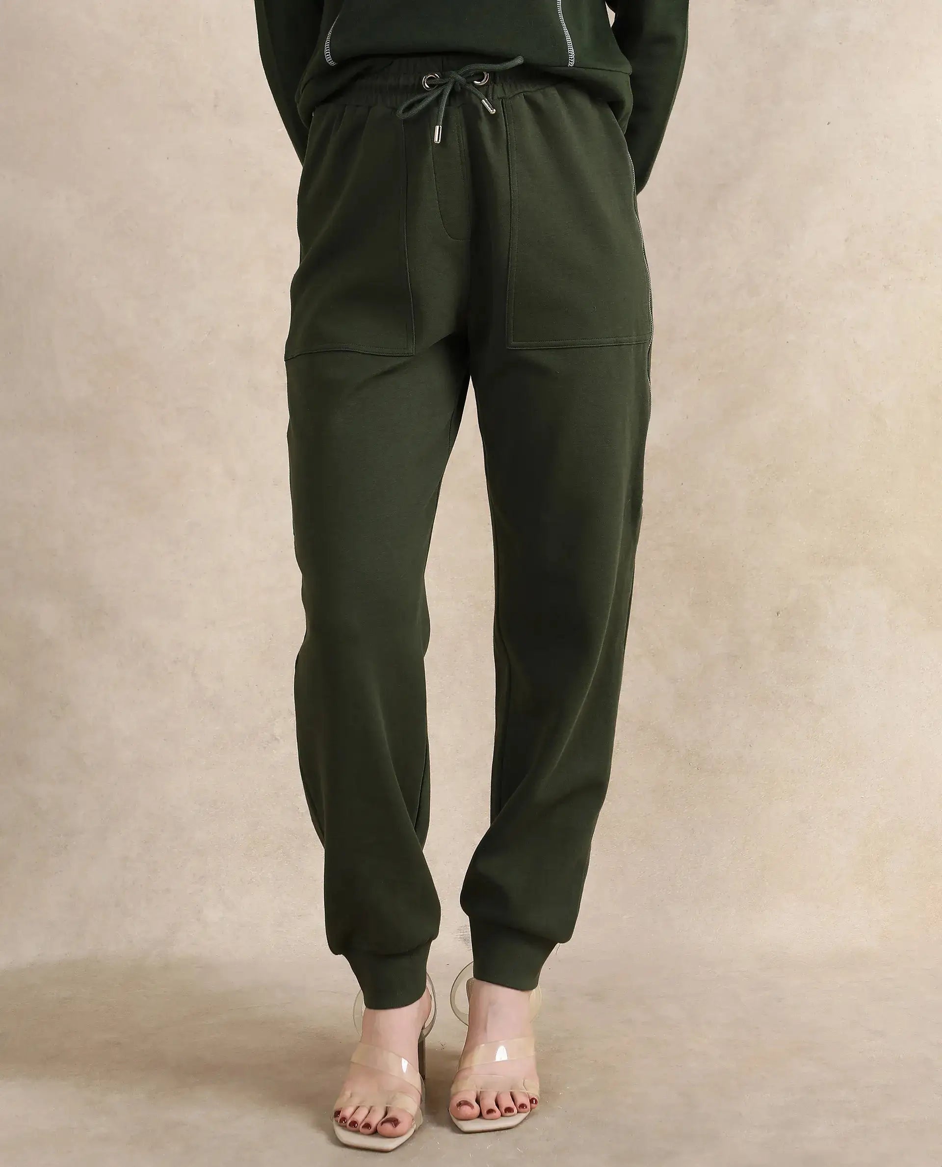 Rareism Women Saints Olive Cotton Blend Fabric Ankle Length Plain Track Pant