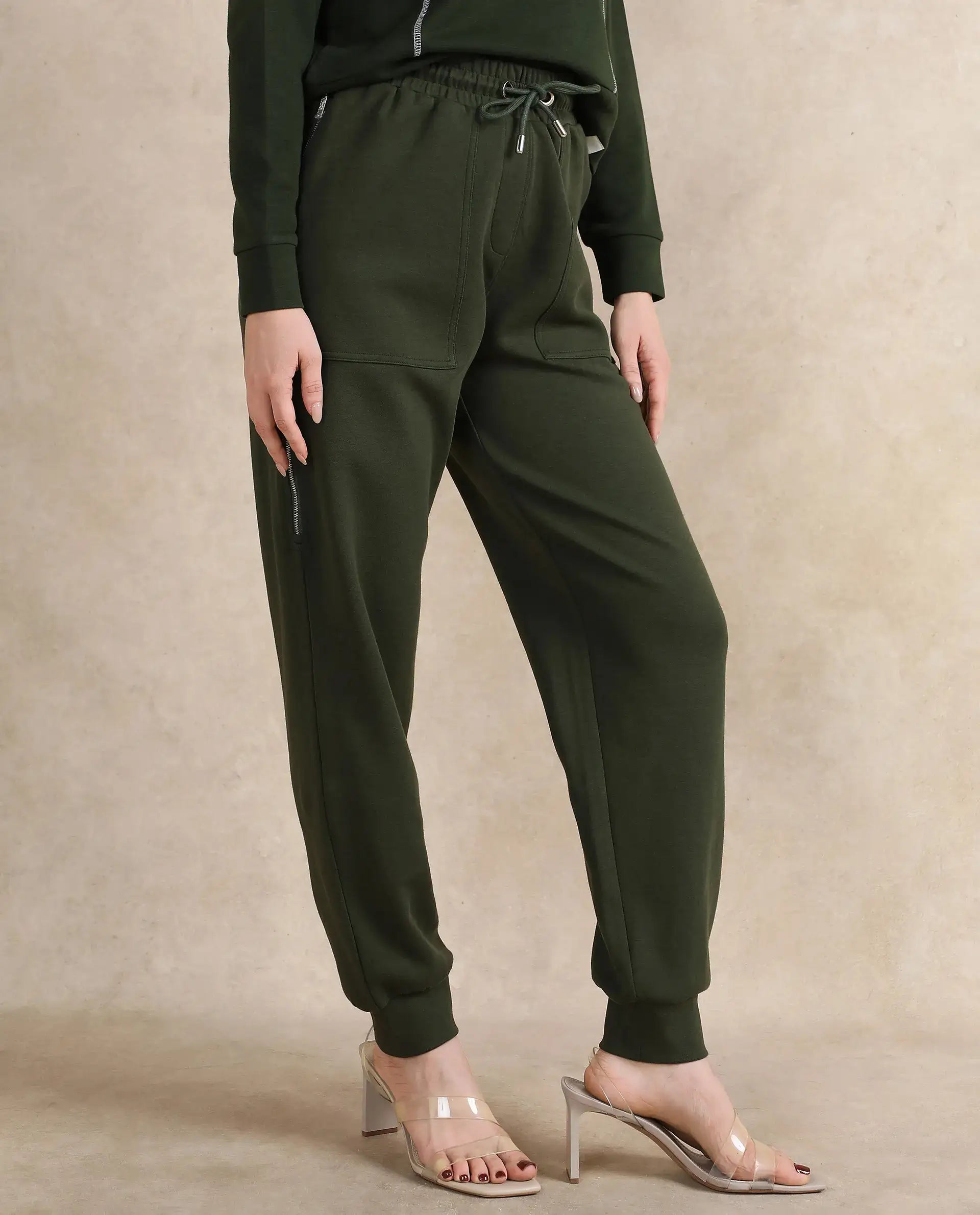 Rareism Women Saints Olive Cotton Blend Fabric Ankle Length Plain Track Pant
