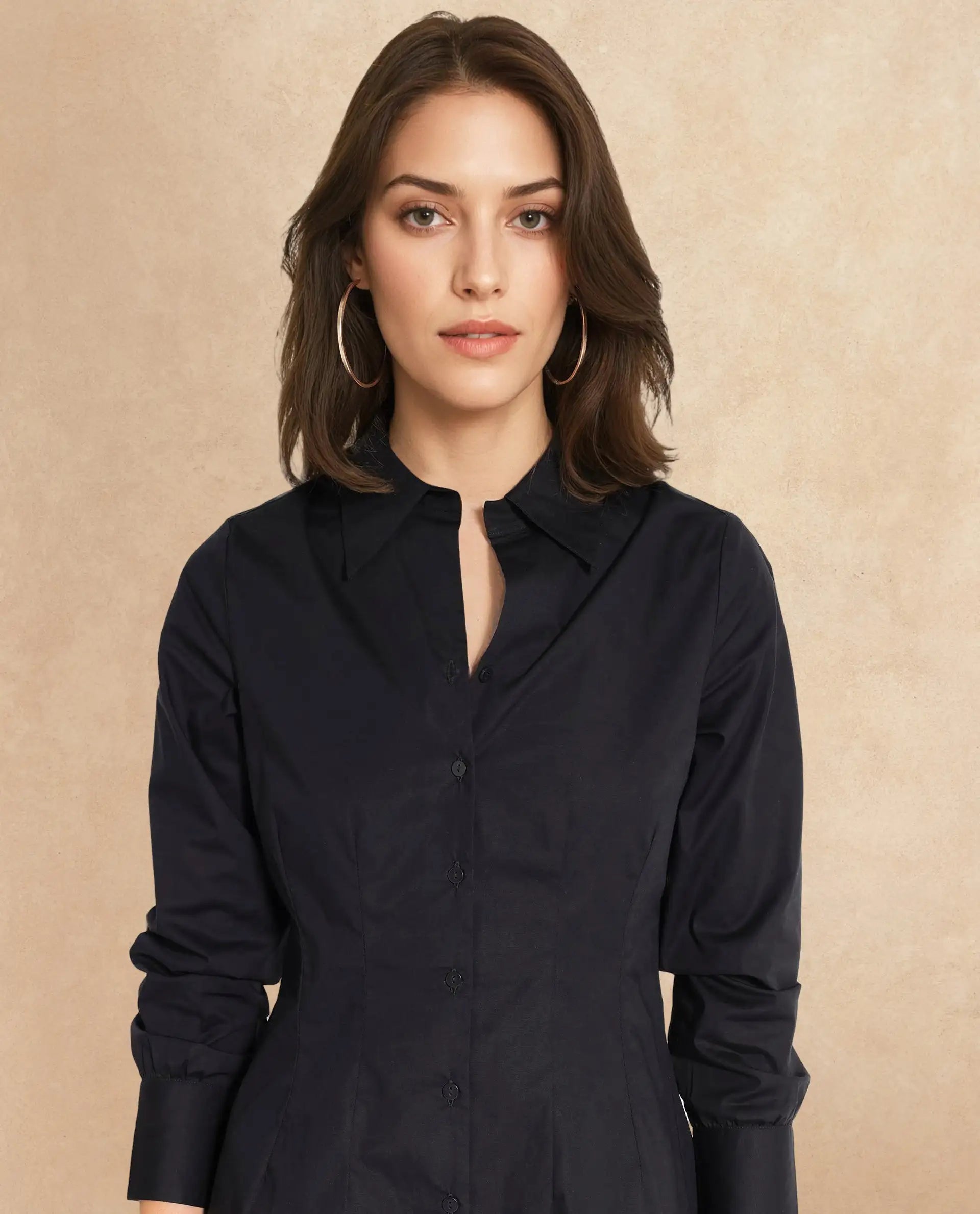 Rareism Women Sakal Black Roll-Up Sleeve Collared Button A-Line Plain Mini Dress