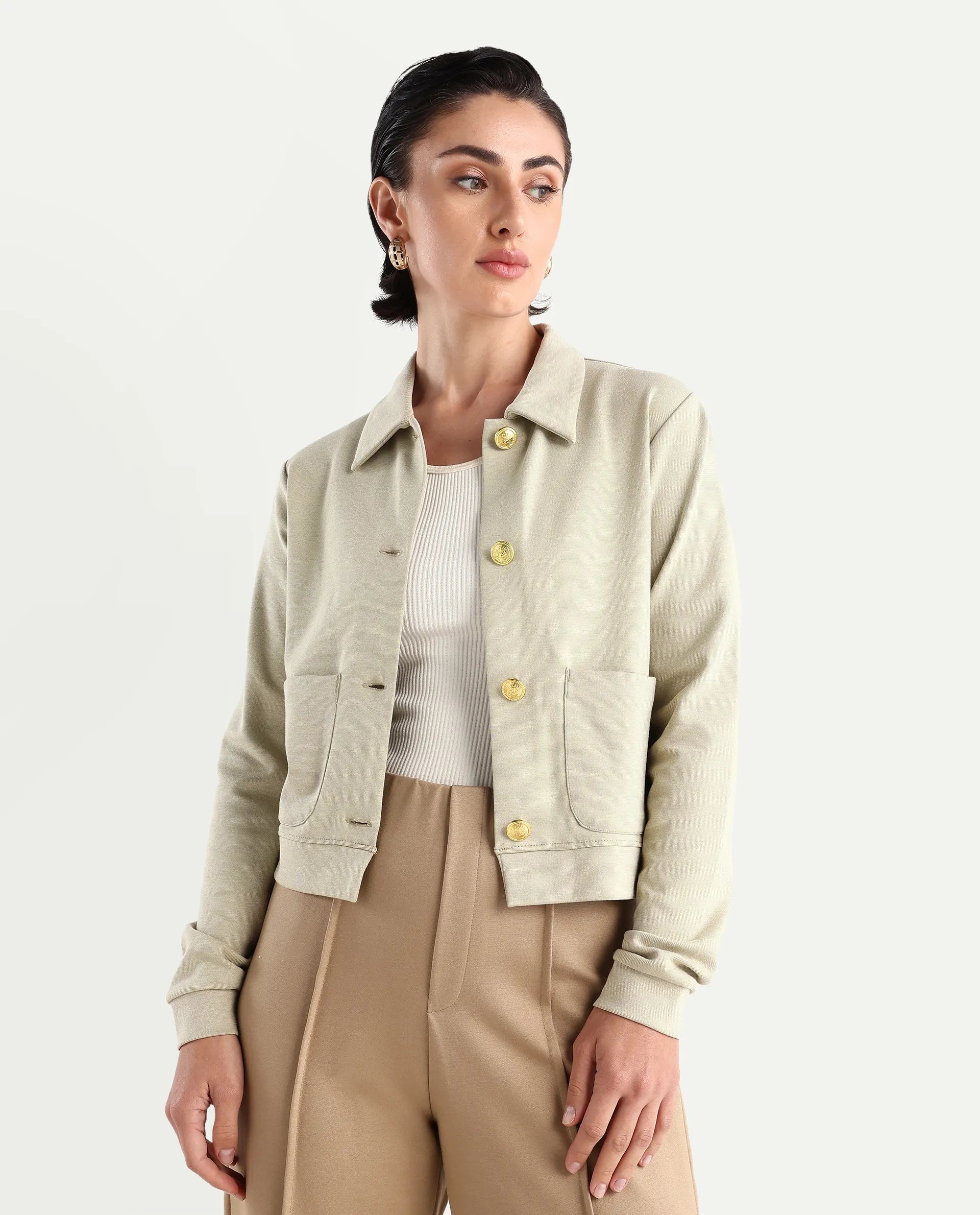 Rareism Women's Sakaryan Beige Cotton Blend Spread Collar Plain Relaxed Fit Shirt