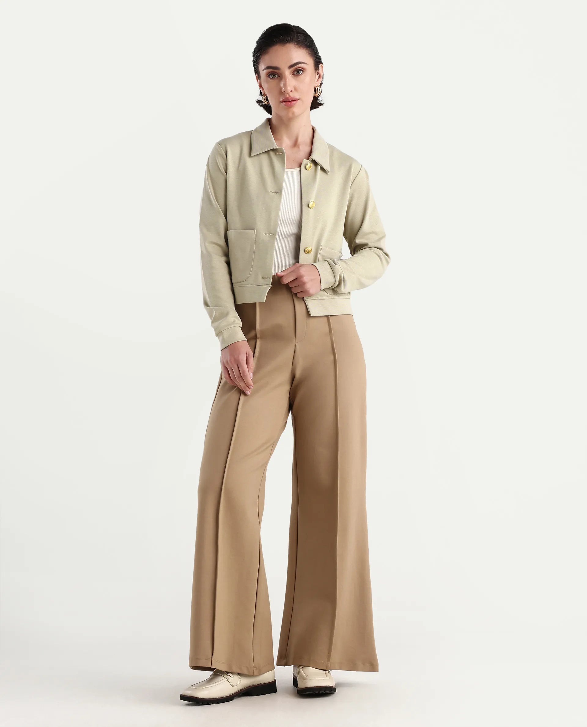 Rareism Women's Sakaryan Beige Cotton Blend Spread Collar Plain Relaxed Fit Shirt