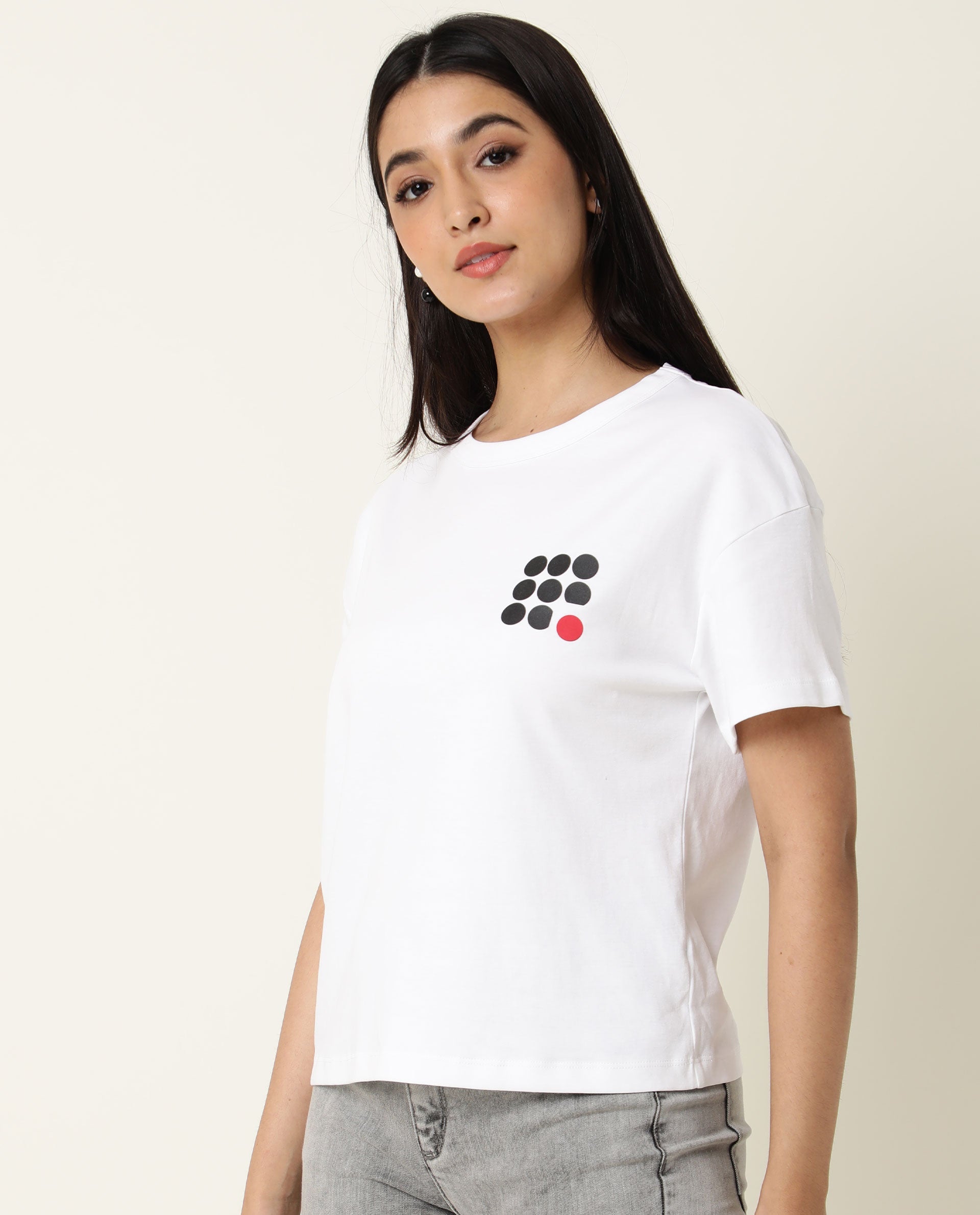 Rareism Women Sake White Cotton Fabric Regular Fit Half Sleeves Color Blocked Crew Neck T-Shirt