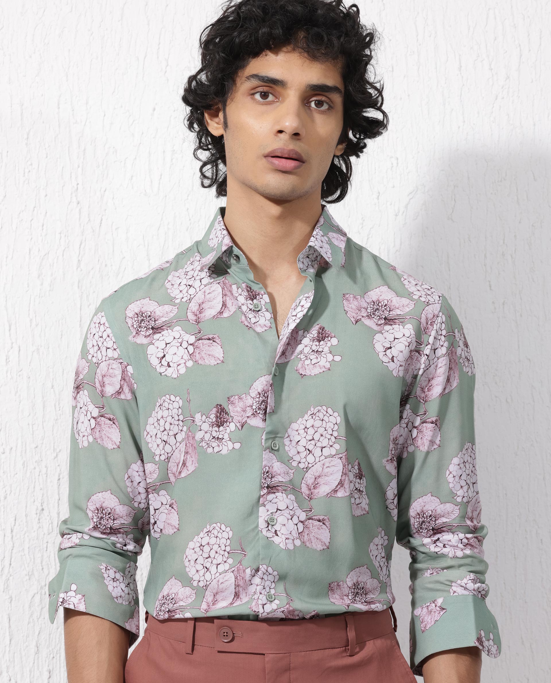 Rare Rabbit Mens Sakura Dusky Green Cotton Full Sleeve Decorative Print Shirt