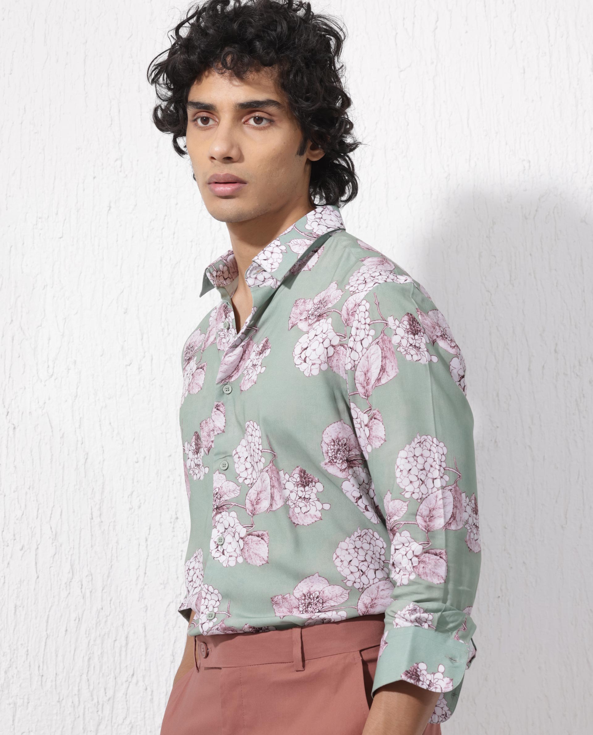 Rare Rabbit Mens Sakura Dusky Green Cotton Full Sleeve Decorative Print Shirt