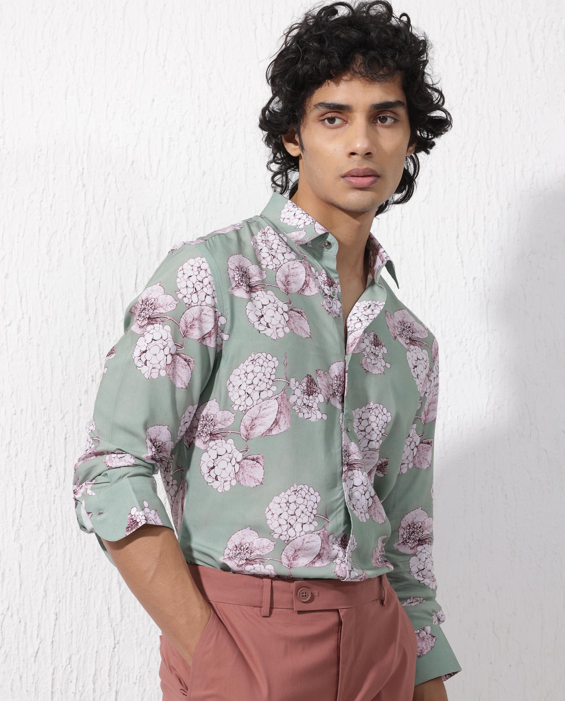 Rare Rabbit Mens Sakura Dusky Green Cotton Full Sleeve Decorative Print Shirt