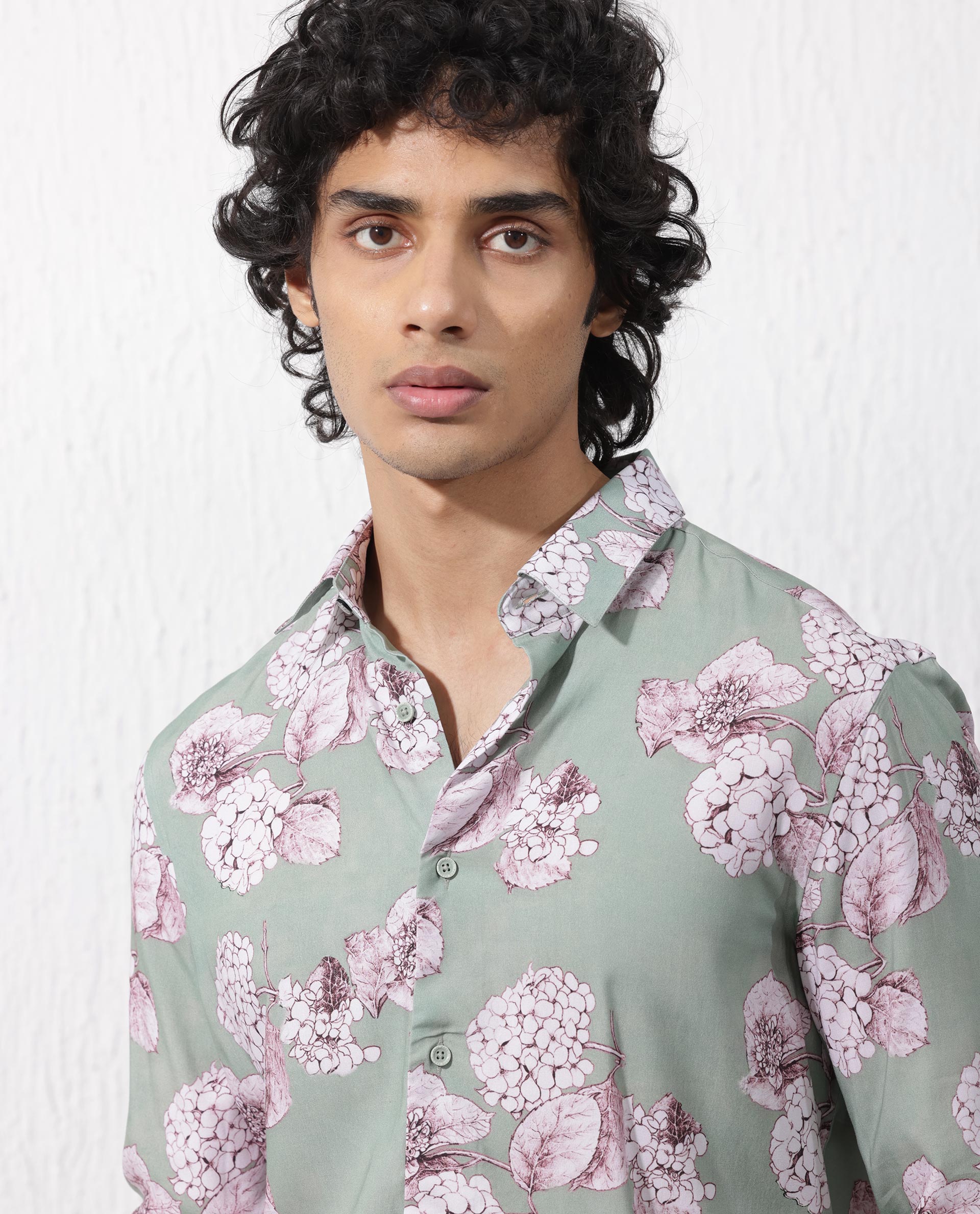 Rare Rabbit Mens Sakura Dusky Green Cotton Full Sleeve Decorative Print Shirt