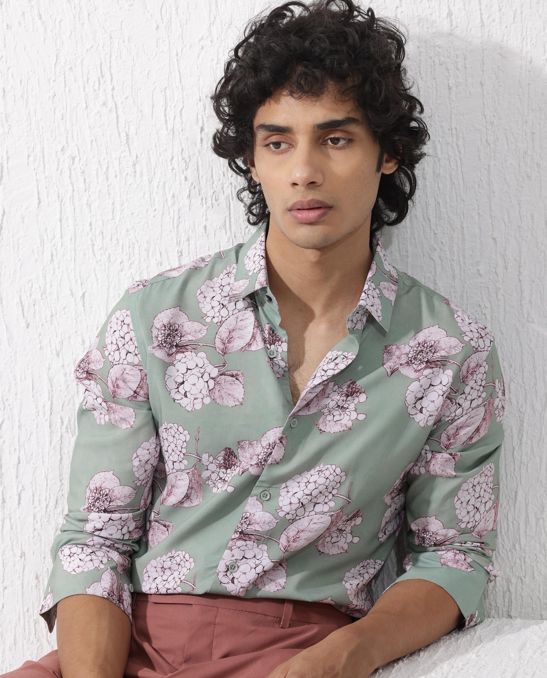 Rare Rabbit Mens Sakura Dusky Green Cotton Full Sleeve Decorative Print Shirt