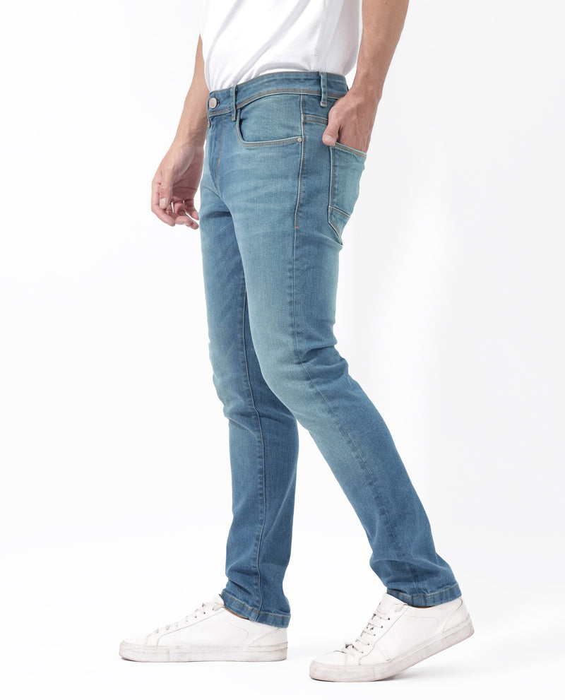 Rare Rabbit Men's Salar Pastel Blue Slim Fit Mid Rise Mild Wash With Mild Whiskers Jeans
