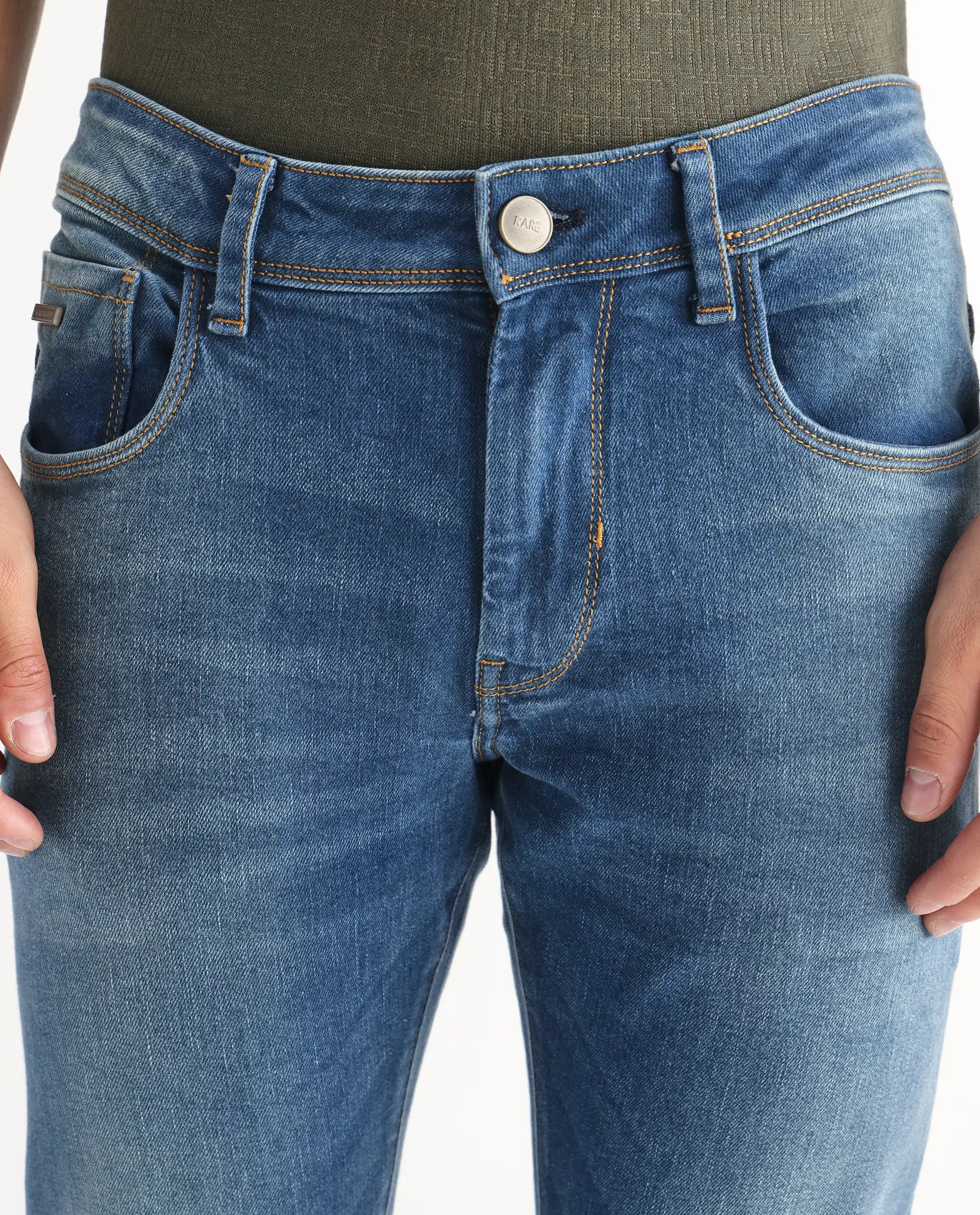 Rare Rabbit Men's Salar Pastel Blue Cotton Blend Plain Hawk Slim Fit Jeans