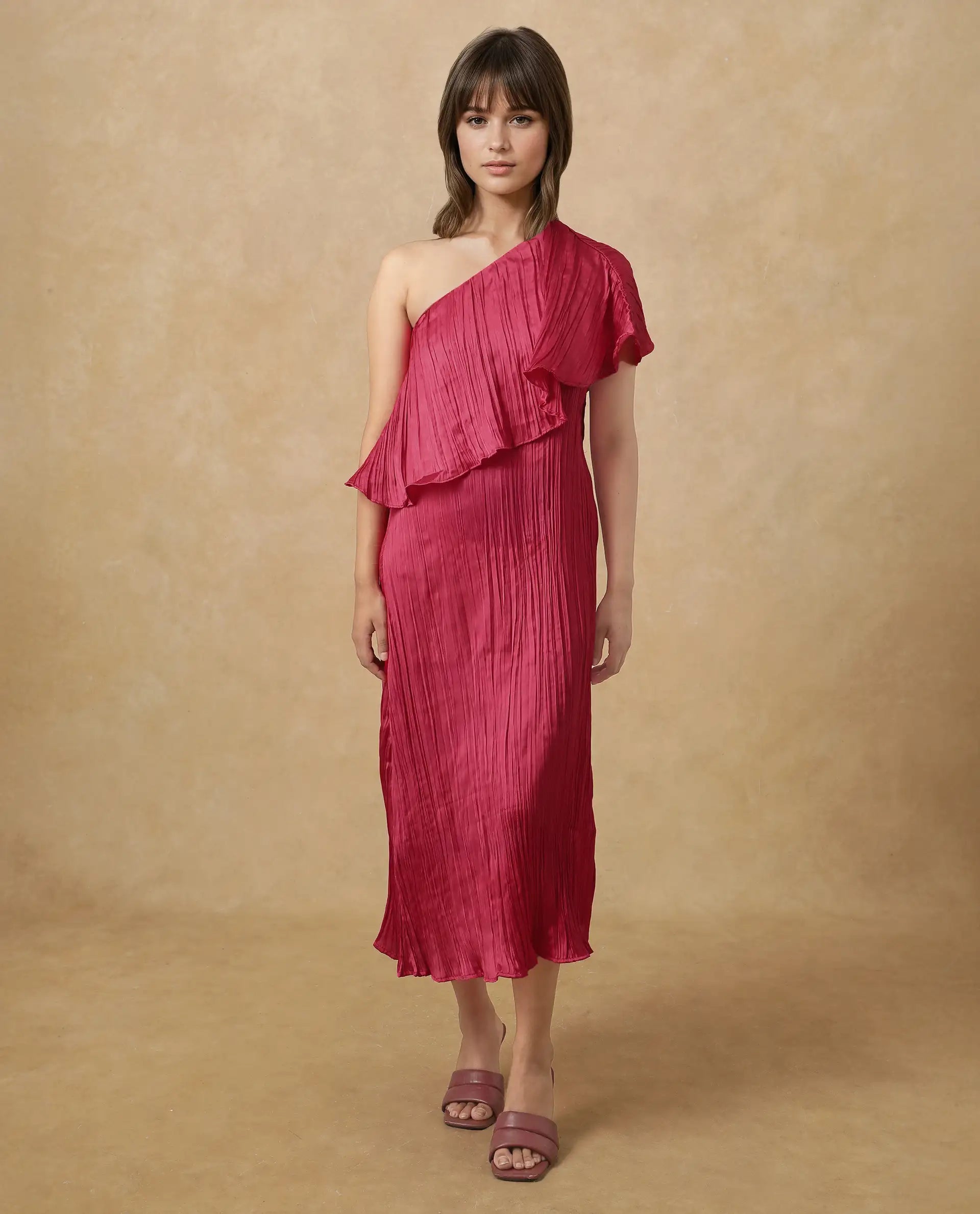 Rareism Women's Salerno Red Polyester One Shoulder Plain One Shoulder Midi Fit And Flare Dress