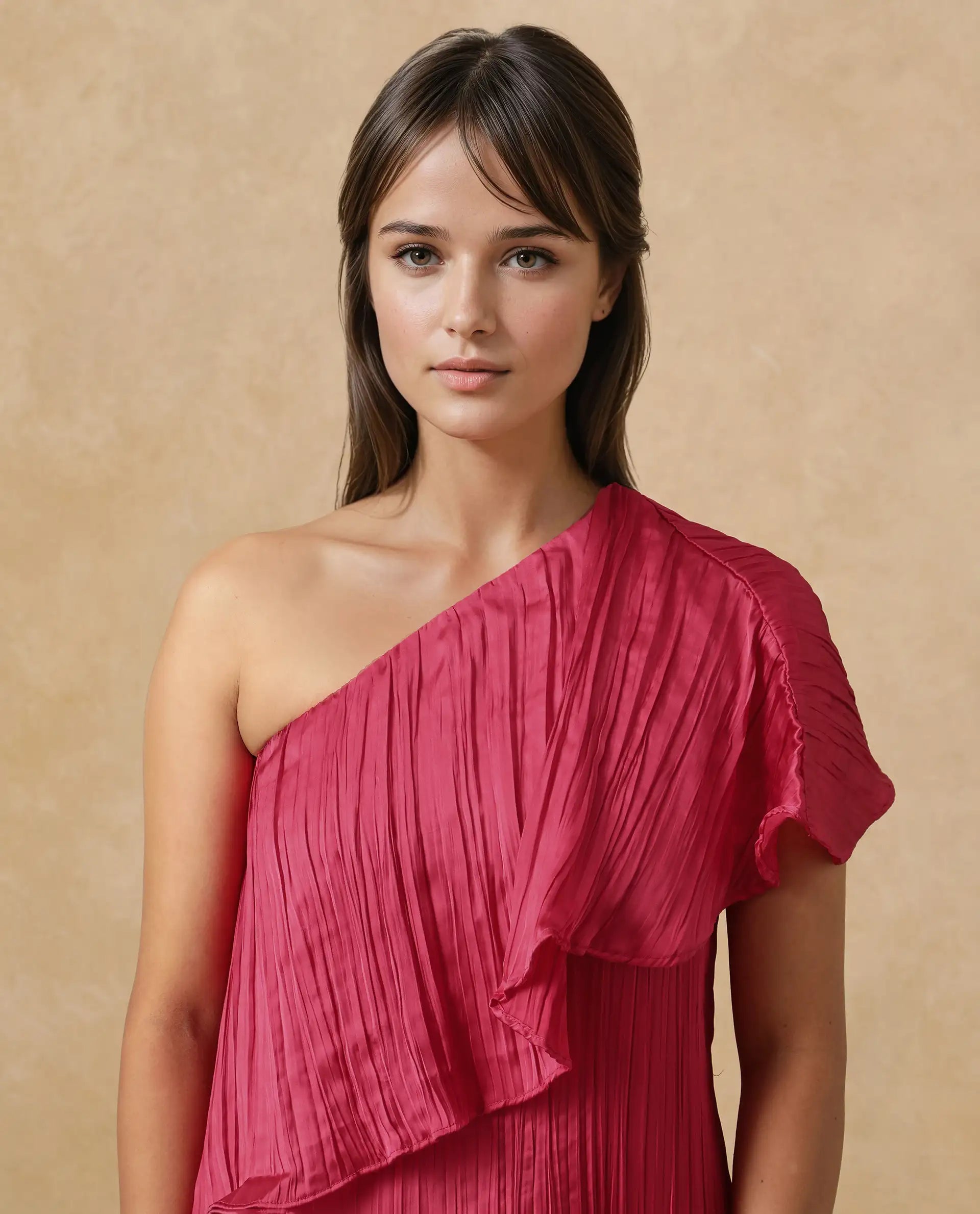 Rareism Women's Salerno Red Polyester One Shoulder Plain One Shoulder Midi Fit And Flare Dress