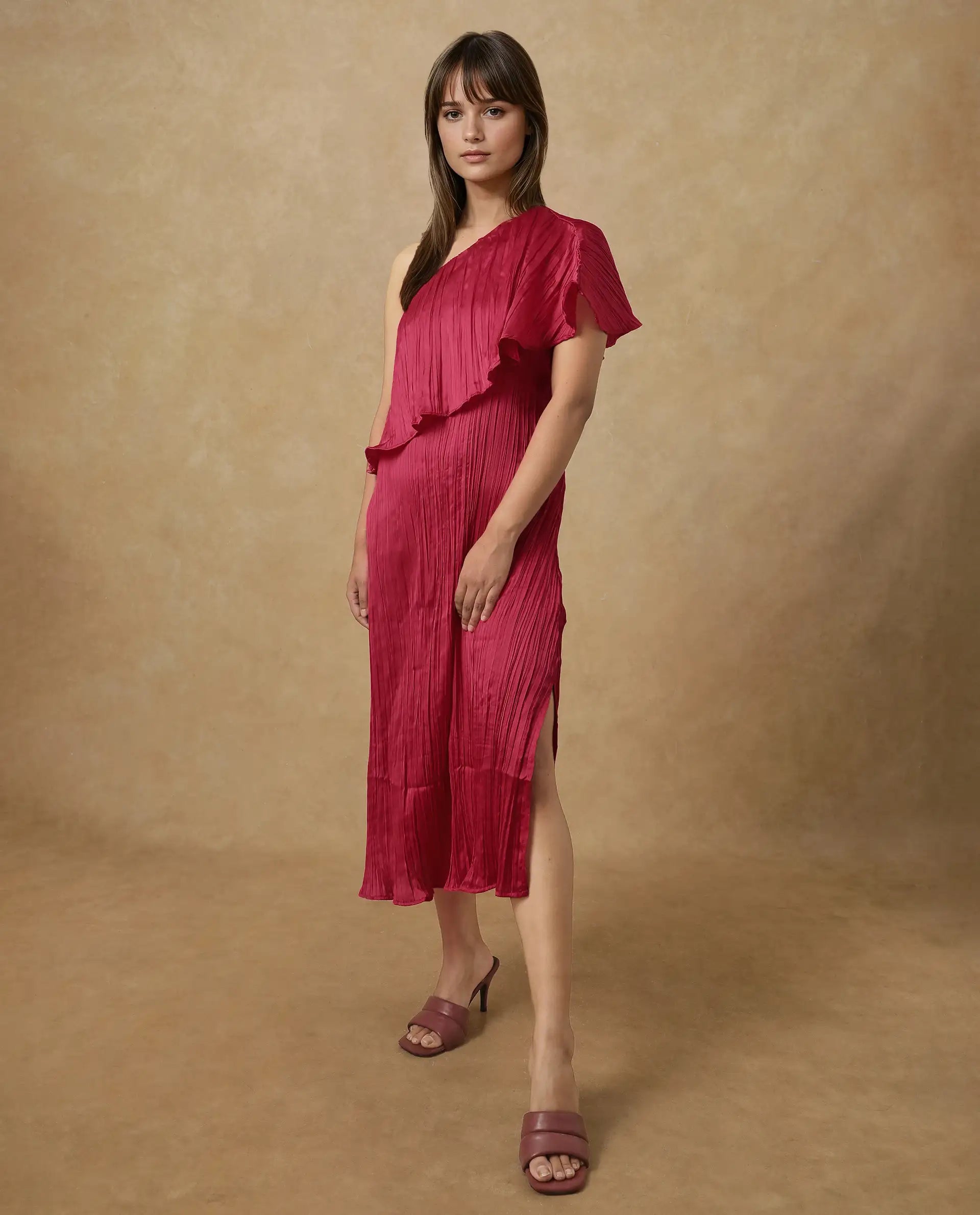 Rareism Women's Salerno Red Polyester One Shoulder Plain One Shoulder Midi Fit And Flare Dress