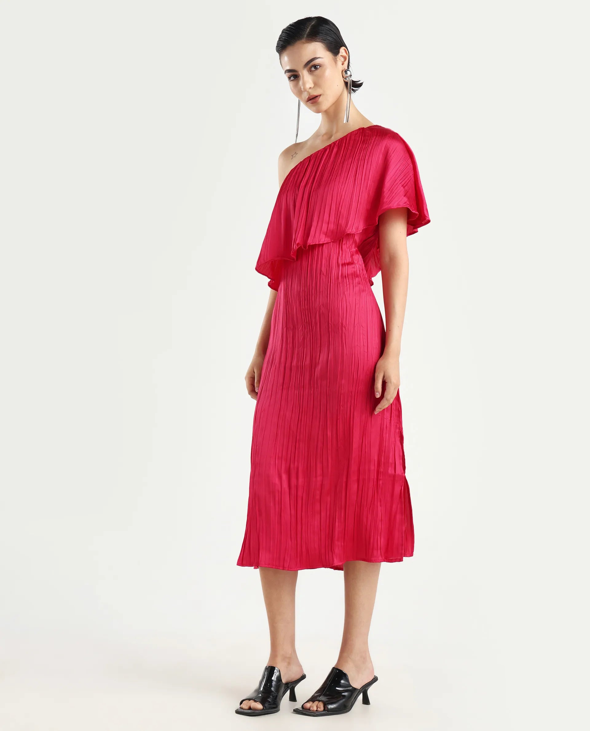 Rareism Women's Salerno Red Polyester One Shoulder Plain One Shoulder Midi Fit And Flare Dress