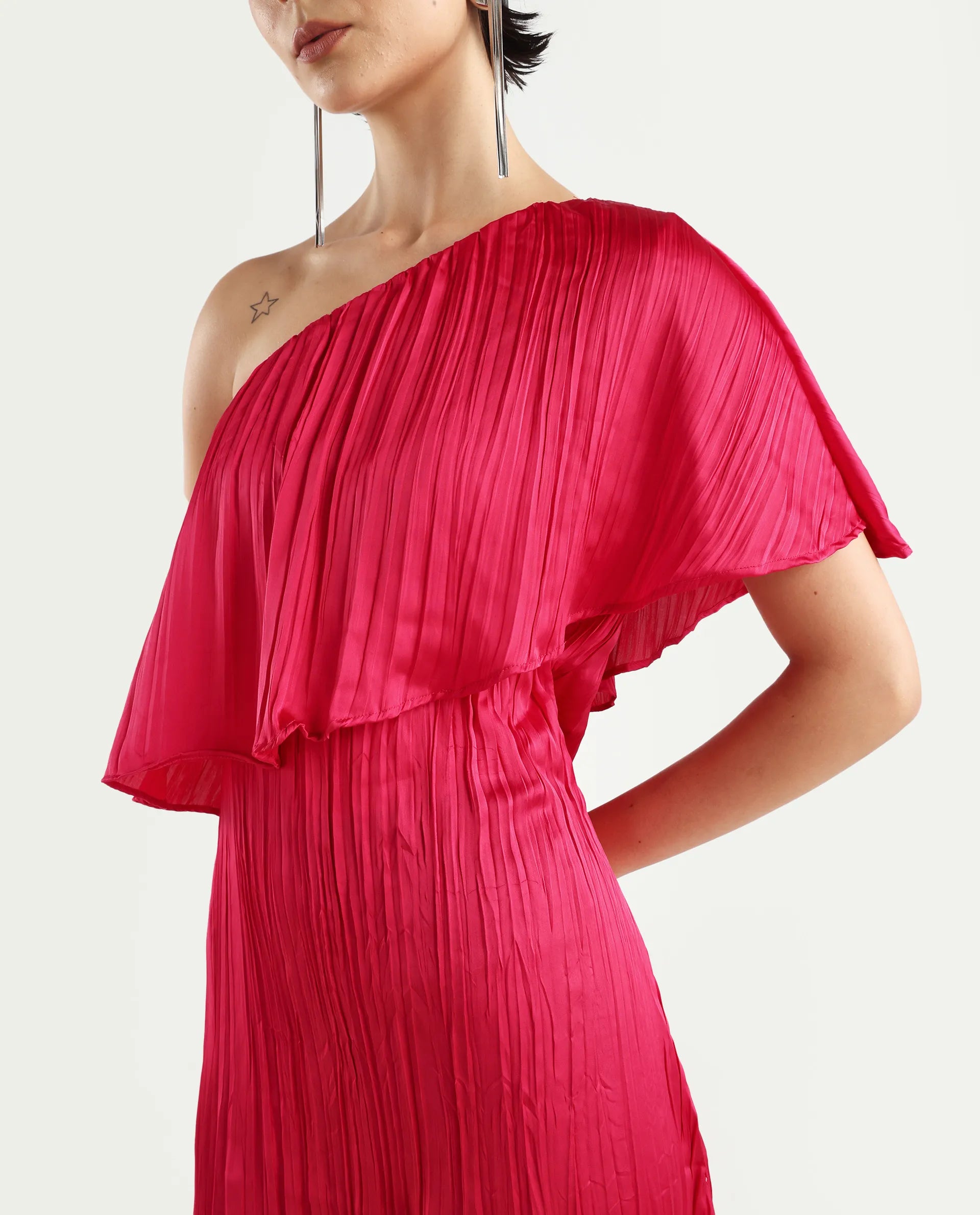 Rareism Women's Salerno Red Polyester One Shoulder Plain One Shoulder Midi Fit And Flare Dress