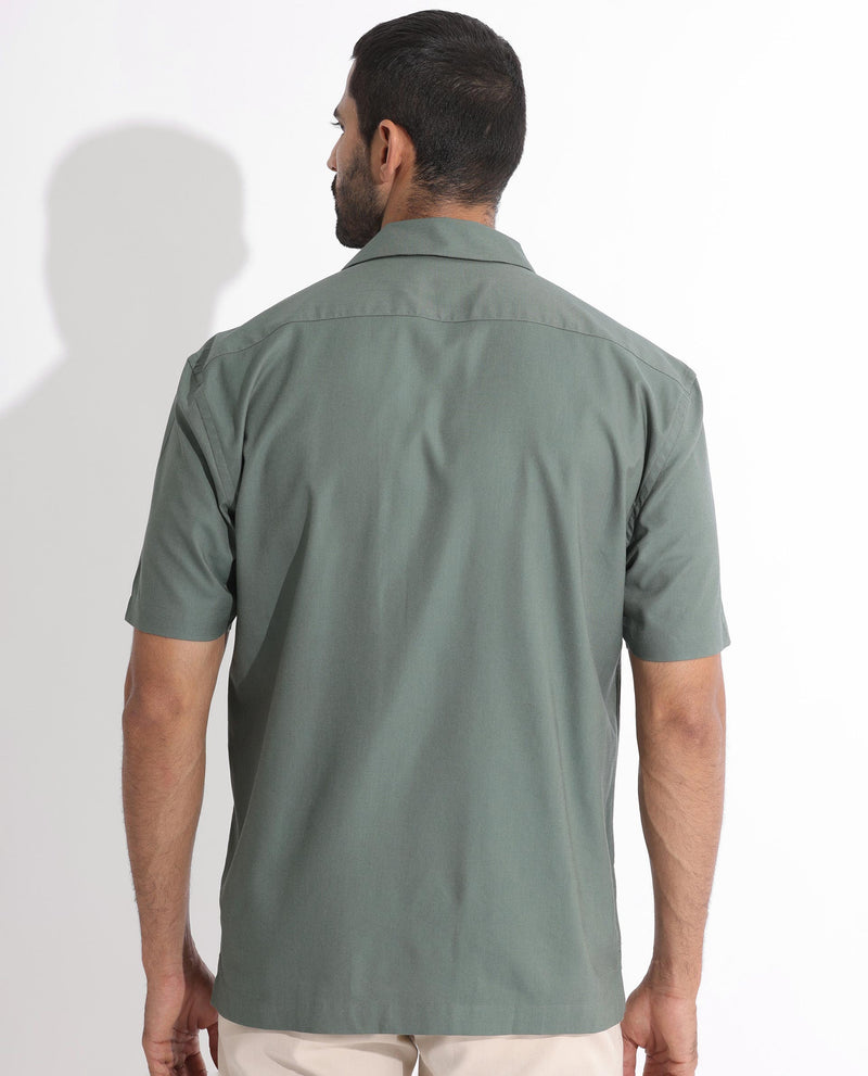 Rare Rabbit Men's Salford Dusky Green Cuban Collar Half Sleeves Two Flap Pocket Solid Shirt