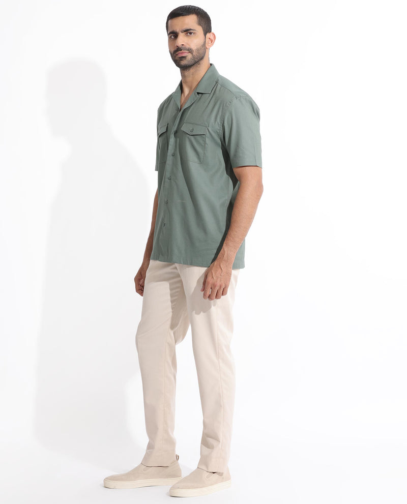 Rare Rabbit Men's Salford Dusky Green Cuban Collar Half Sleeves Two Flap Pocket Solid Shirt