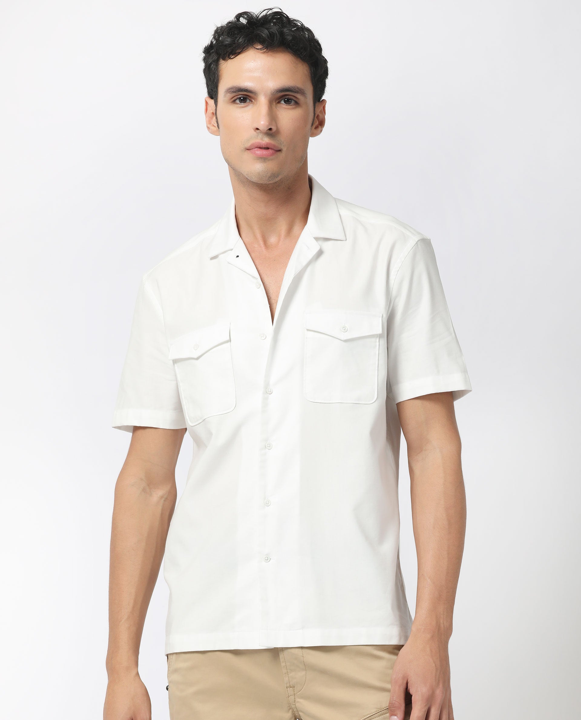 Rare Rabbit Men's Salford White Cuban Collar Half Sleeves Two Flap Pocket Solid Shirt
