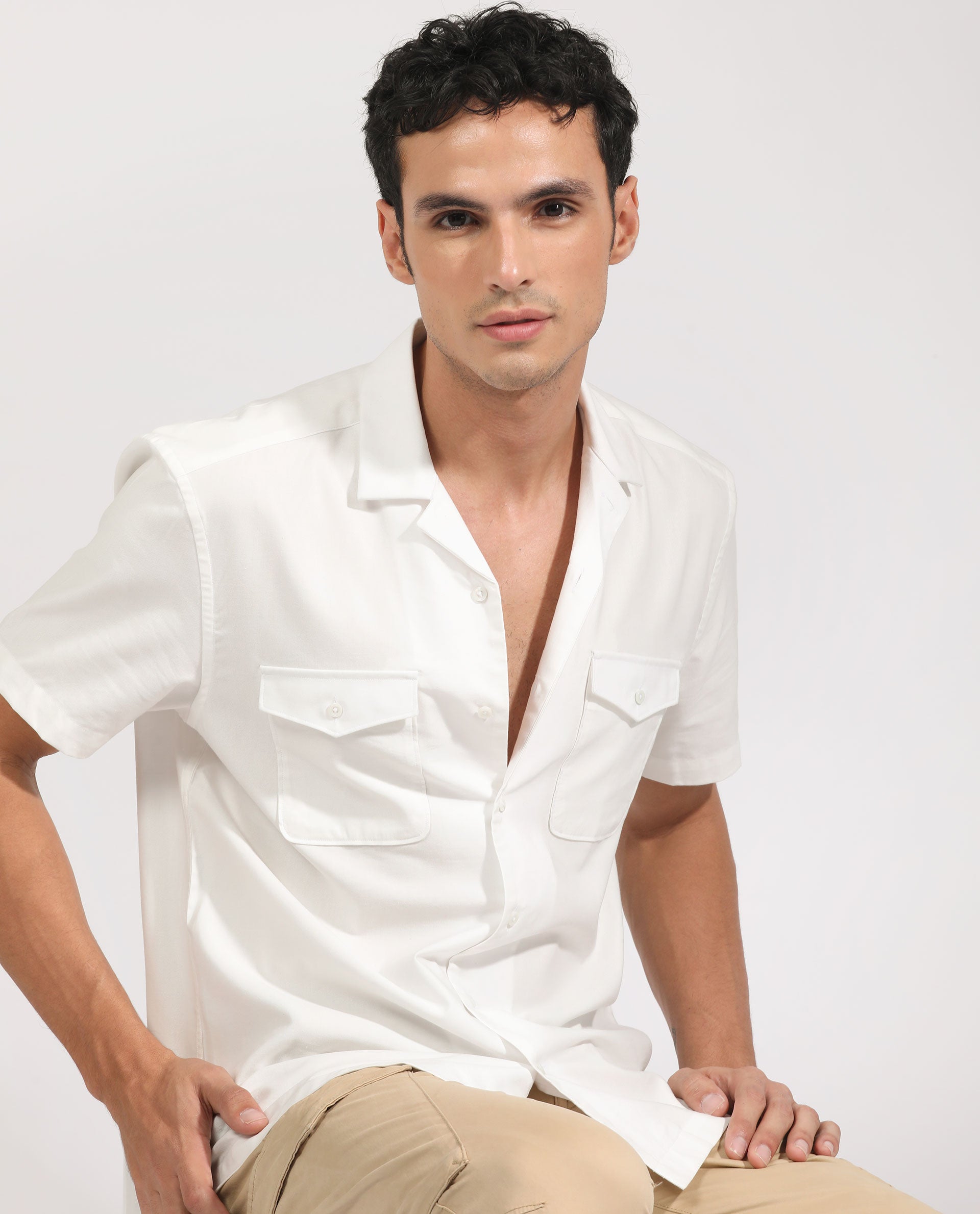 Rare Rabbit Men's Salford White Cuban Collar Half Sleeves Two Flap Pocket Solid Shirt
