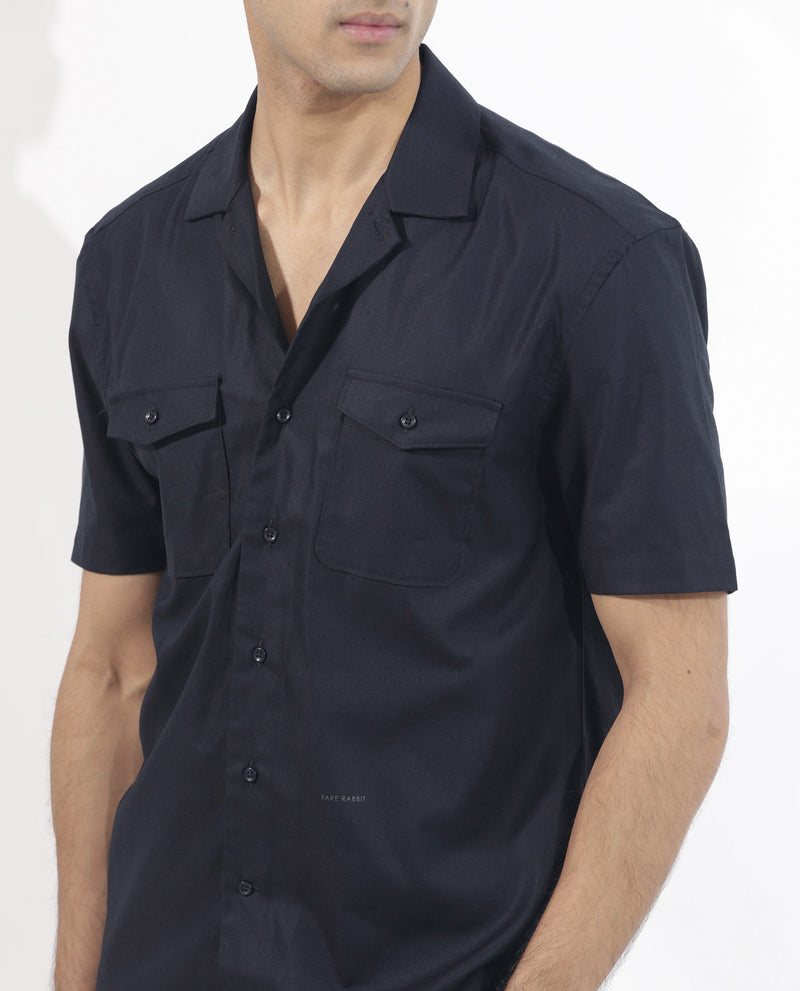 Rare Rabbit Men's Salford Dark Navy Cuban Collar Half Sleeves Two Flap Pocket Solid Shirt