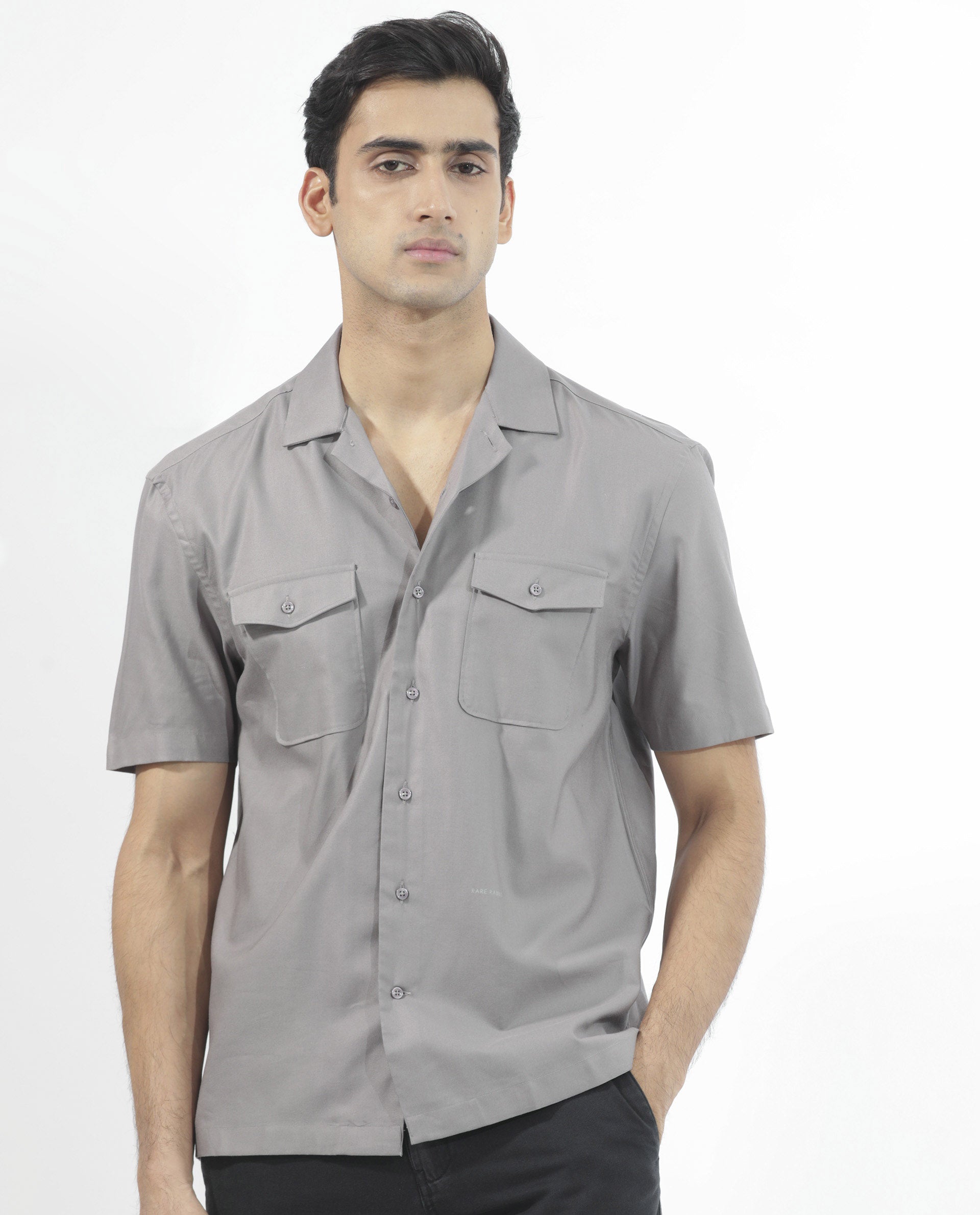 Rare Rabbit Men's Salford Dusky Grey Cuban Collar Half Sleeves Two Flap Pocket Solid Shirt