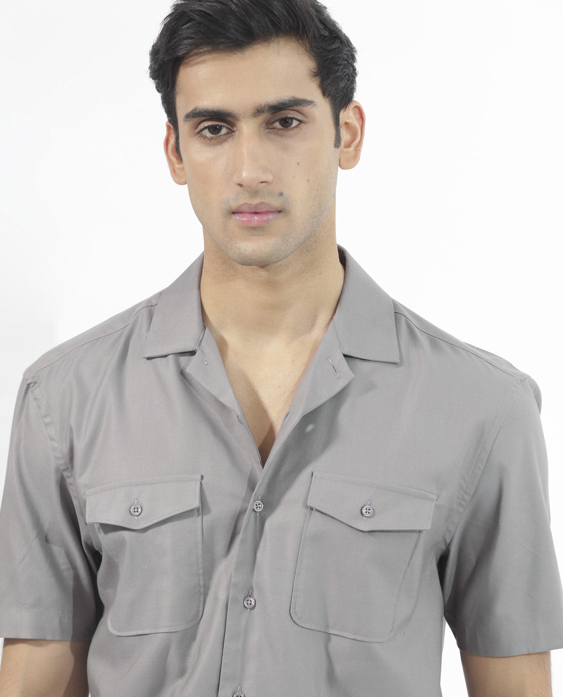 Rare Rabbit Men's Salford Dusky Grey Cuban Collar Half Sleeves Two Flap Pocket Solid Shirt