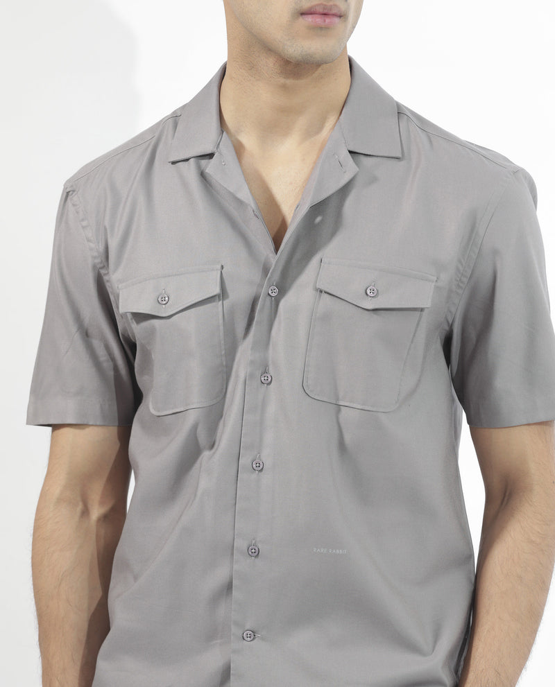 Rare Rabbit Men's Salford Dusky Grey Cuban Collar Half Sleeves Two Flap Pocket Solid Shirt