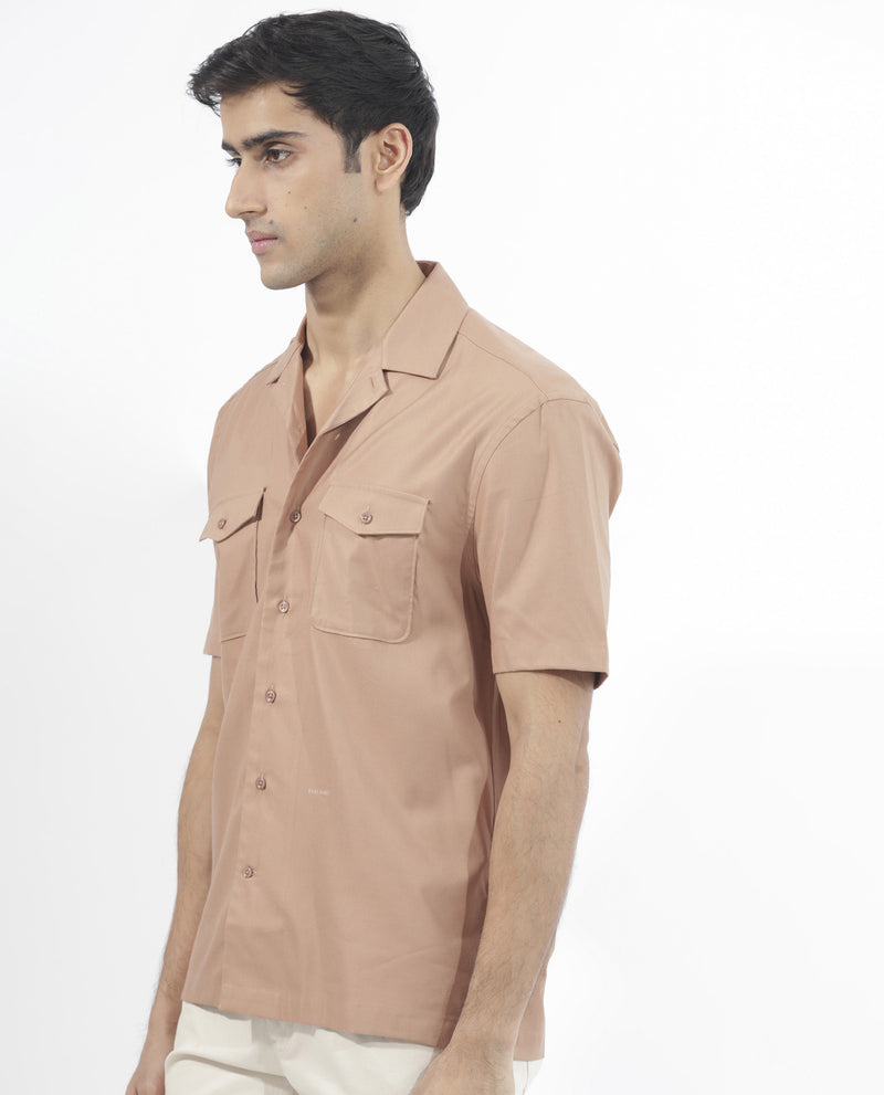 Rare Rabbit Men's Salford Light Brown Cuban Collar Half Sleeves Two Flap Pocket Solid Shirt