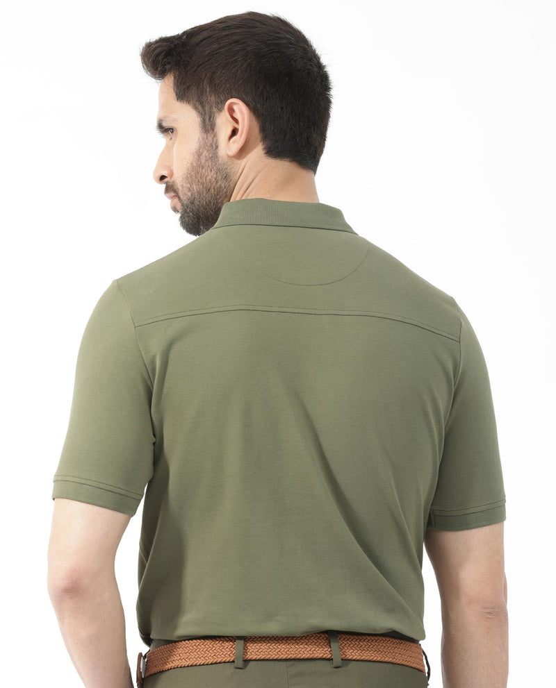 Rare Rabbit Mens Salis-2 Light Olive Cotton Fabric Collared Neck Zipper And Snap Button Closure Half Sleeves Polo T-Shirt