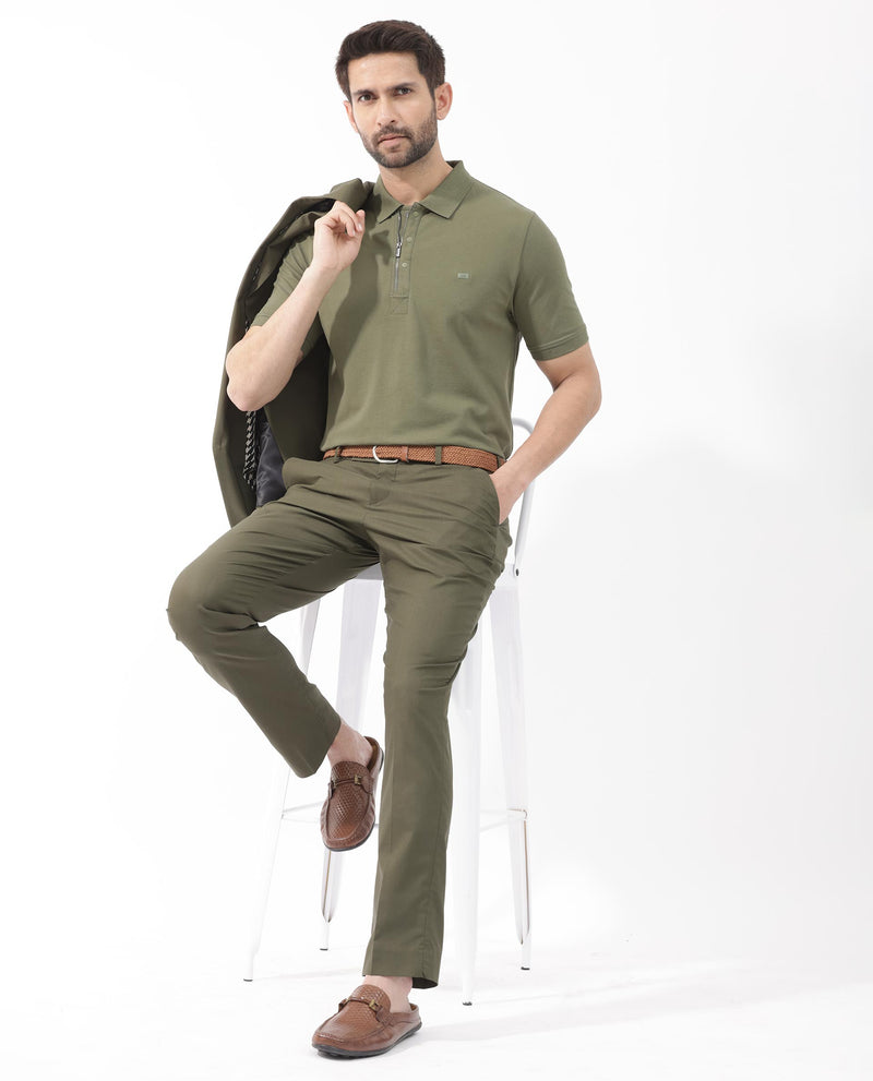 Rare Rabbit Mens Salis-2 Light Olive Cotton Fabric Collared Neck Zipper And Snap Button Closure Half Sleeves Polo T-Shirt