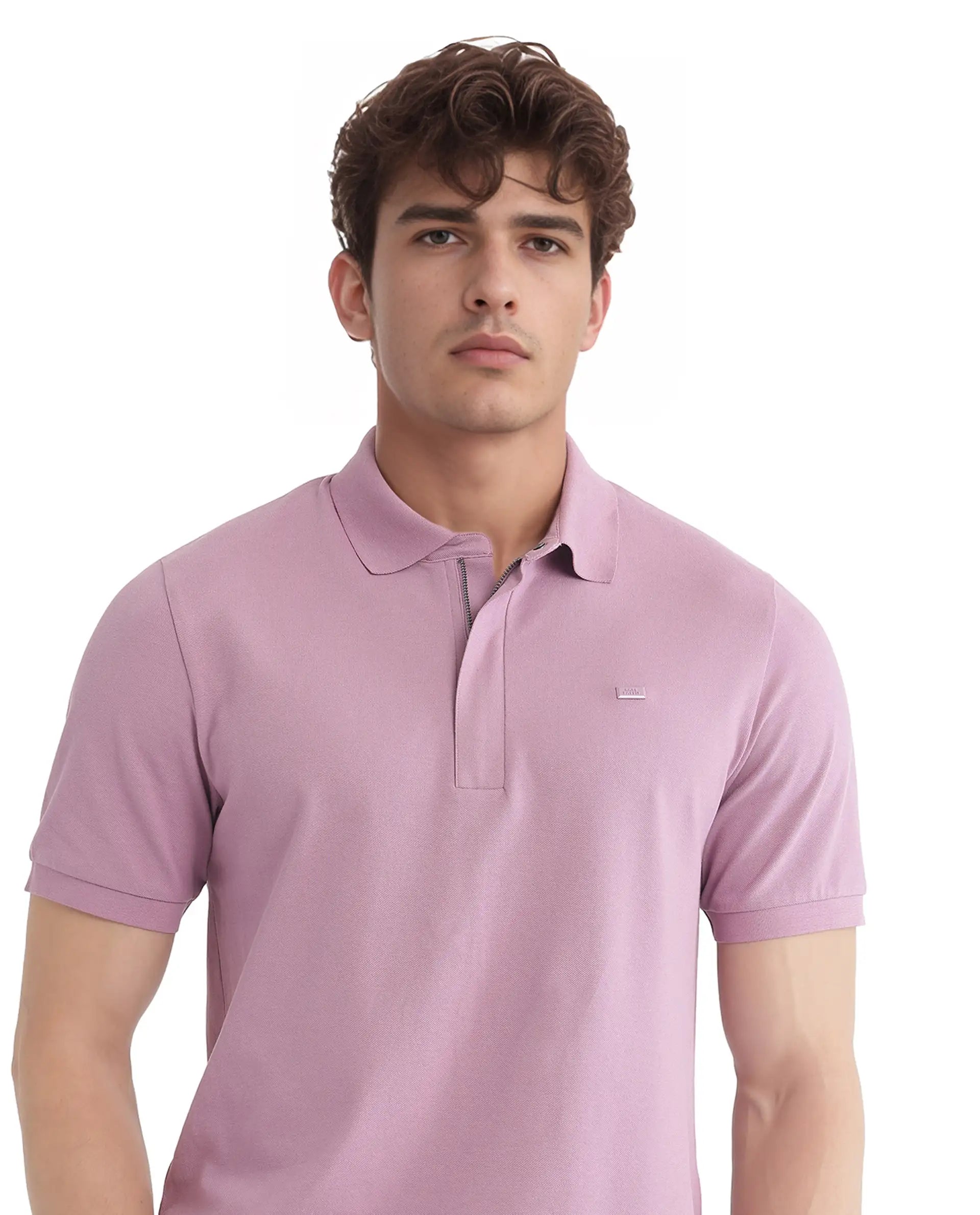 Rare Rabbit Men Salis-25 Dusky Pink Cotton Blend Fabric Short Sleeve Collared Neck Zipper/Snap Closure Plain Polo