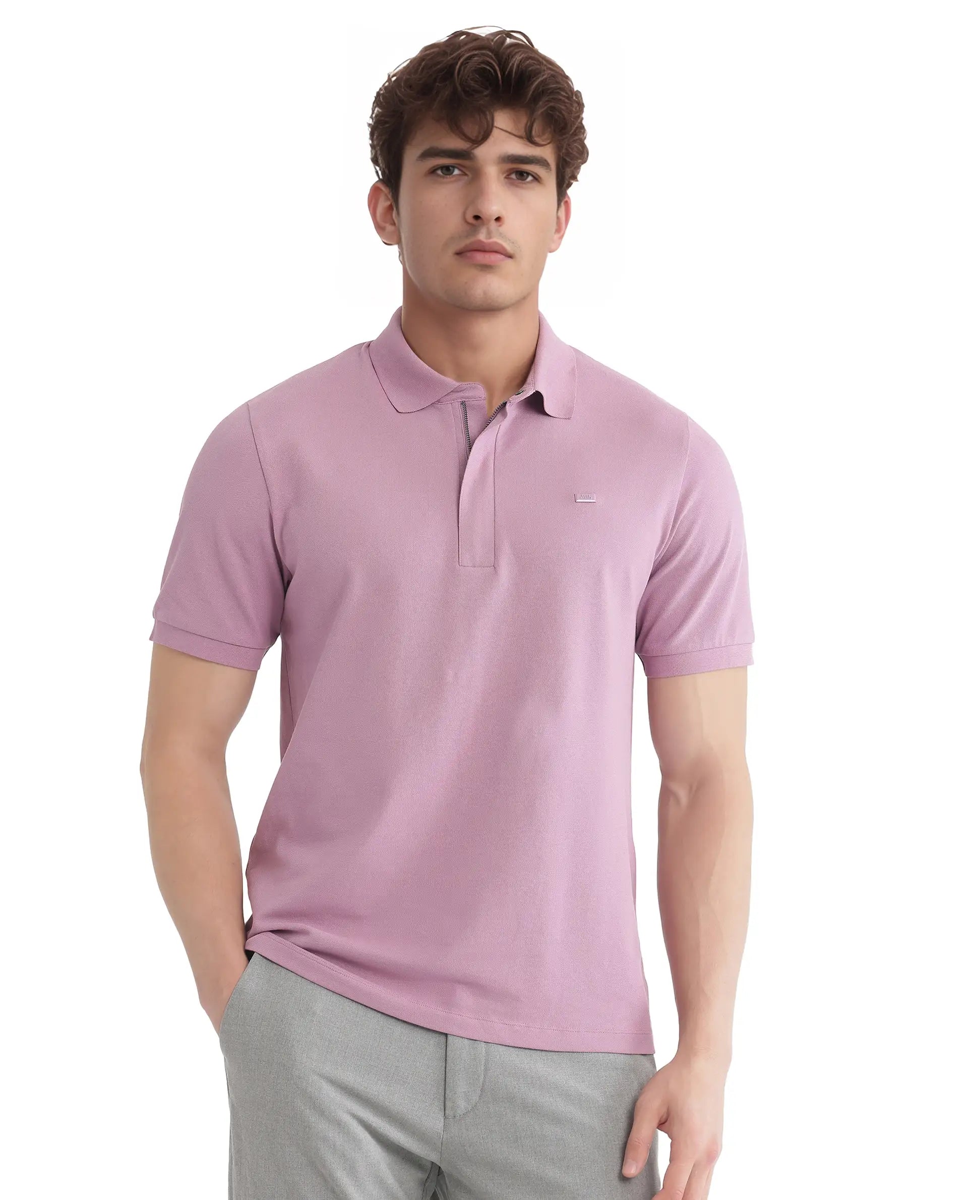 Rare Rabbit Men Salis-25 Dusky Pink Cotton Blend Fabric Short Sleeve Collared Neck Zipper/Snap Closure Plain Polo