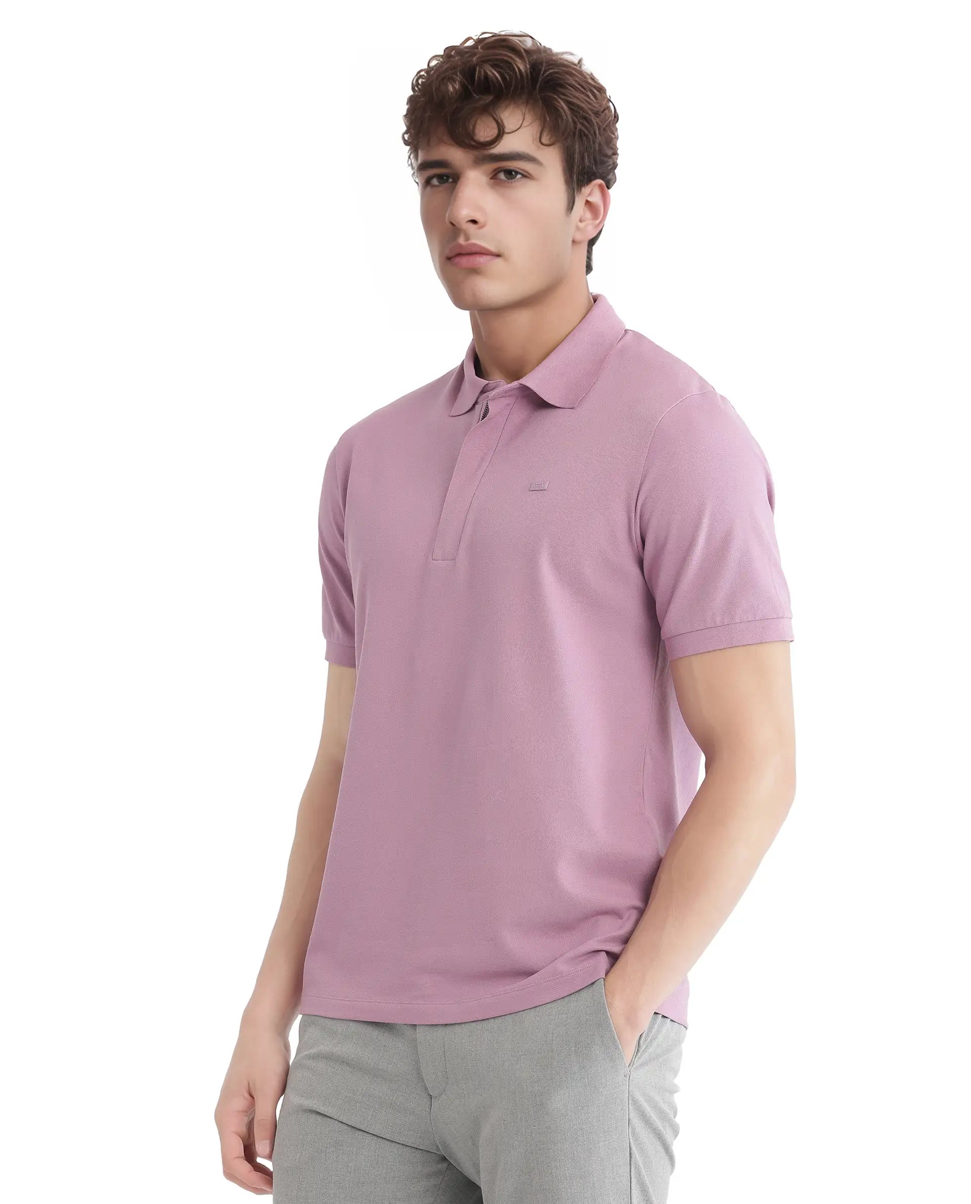 Rare Rabbit Men Salis-25 Dusky Pink Cotton Blend Fabric Short Sleeve Collared Neck Zipper/Snap Closure Plain Polo