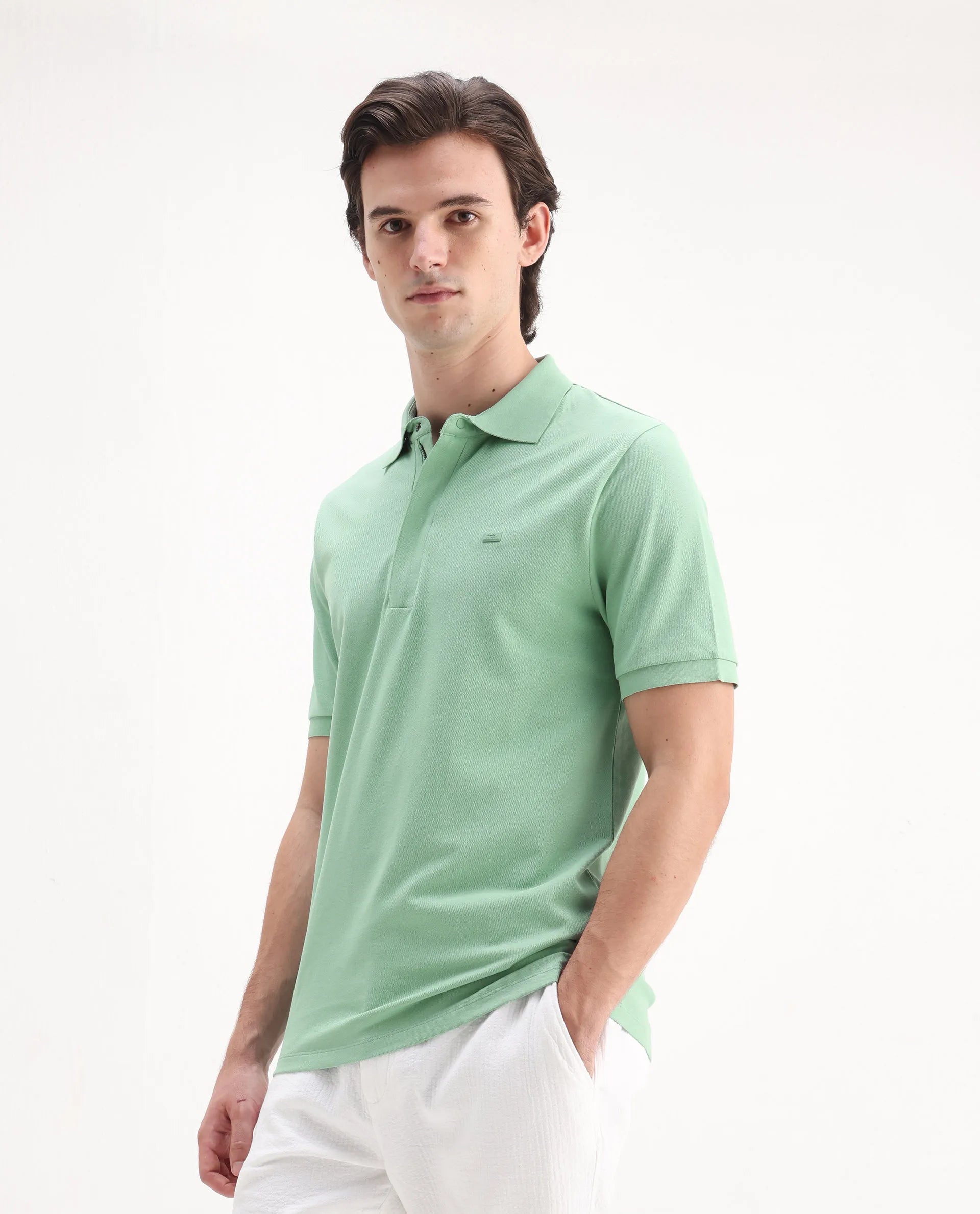 Rare Rabbit Men's Salis-25 Green Cotton Plain Regular Fit Half Sleeve Polo
