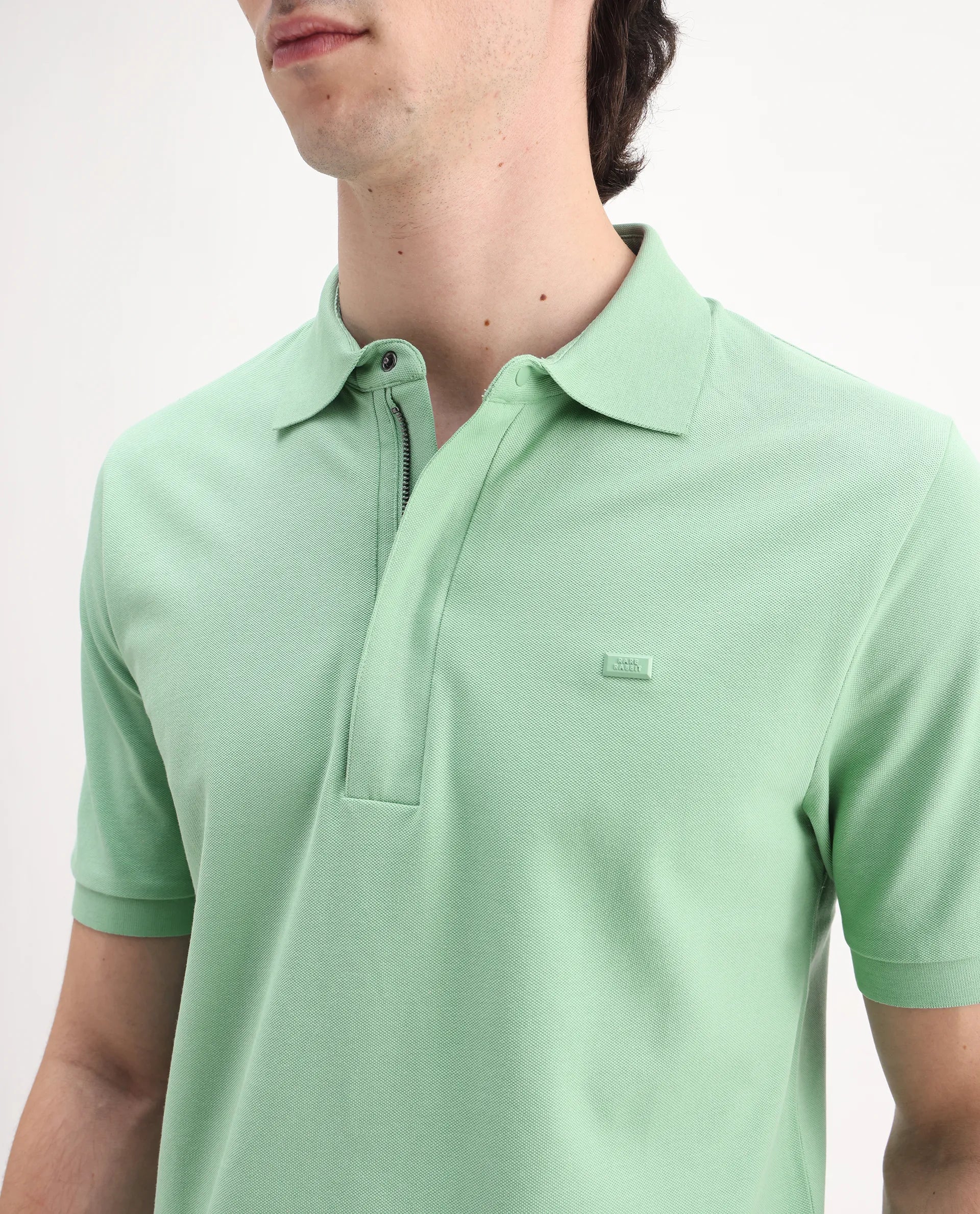 Rare Rabbit Men's Salis-25 Green Cotton Plain Regular Fit Half Sleeve Polo