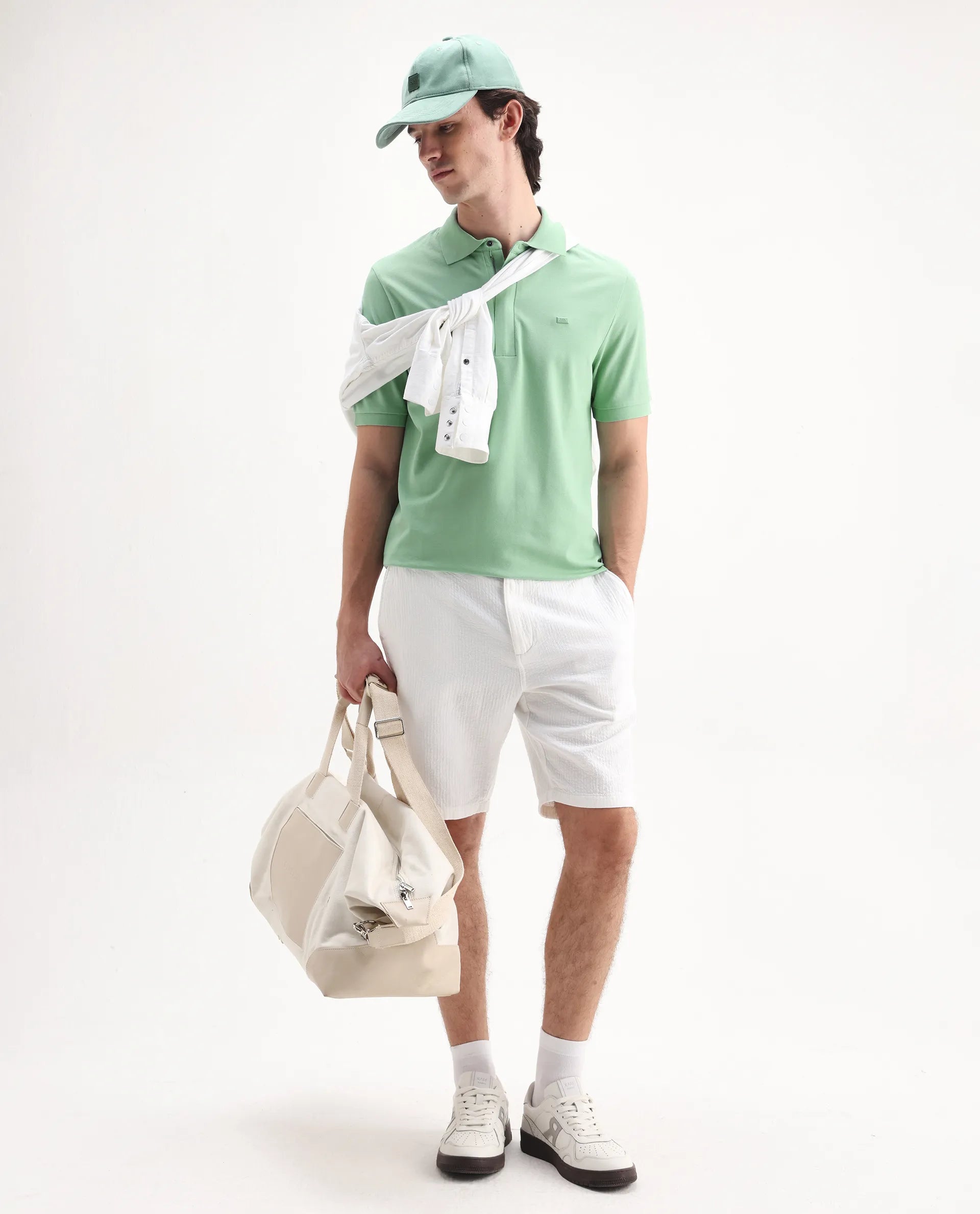 Rare Rabbit Men's Salis-25 Green Cotton Plain Regular Fit Half Sleeve Polo