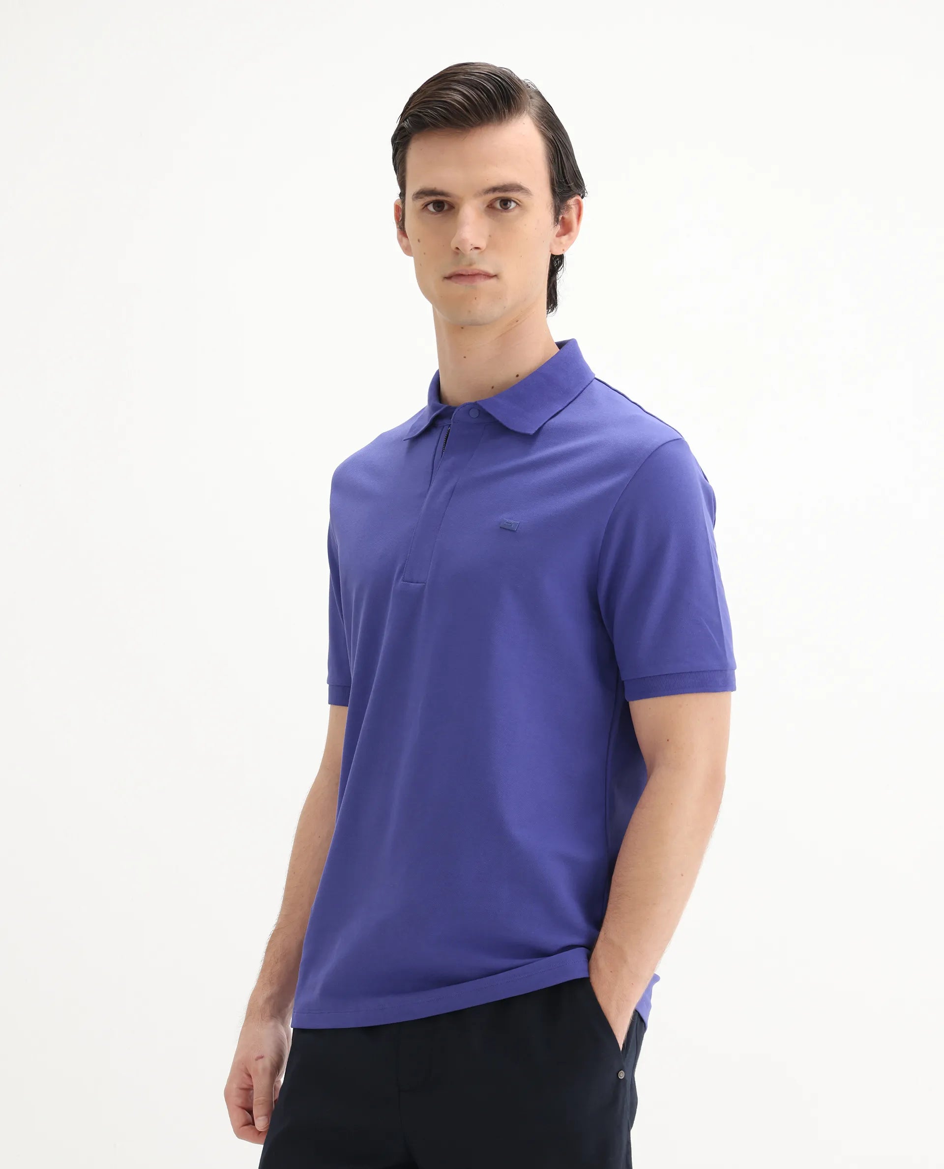 Rare Rabbit Men's Salis-25 Purple Cotton Plain Regular Fit Half Sleeve Polo