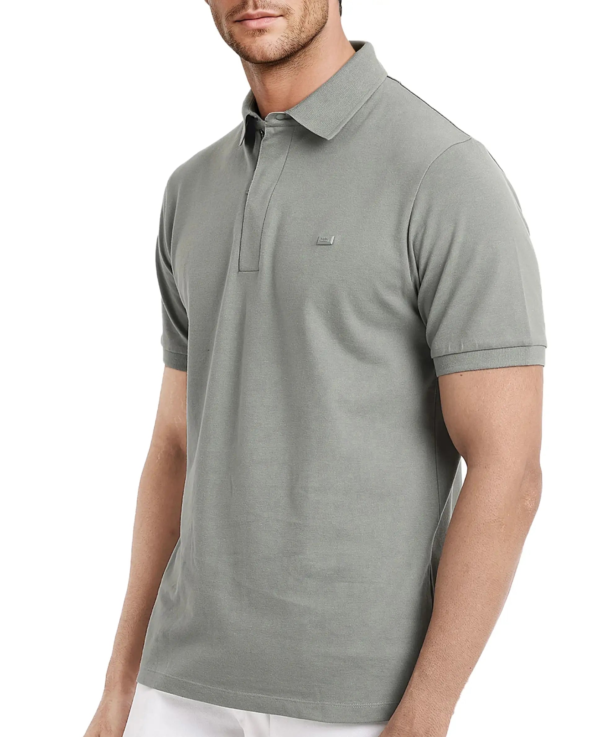 Rare Rabbit Men Salis-2 Dusky Green Cotton Fabric Collared Neck Zipper And Snap Button Closure Half Sleeves Polo T-Shirt