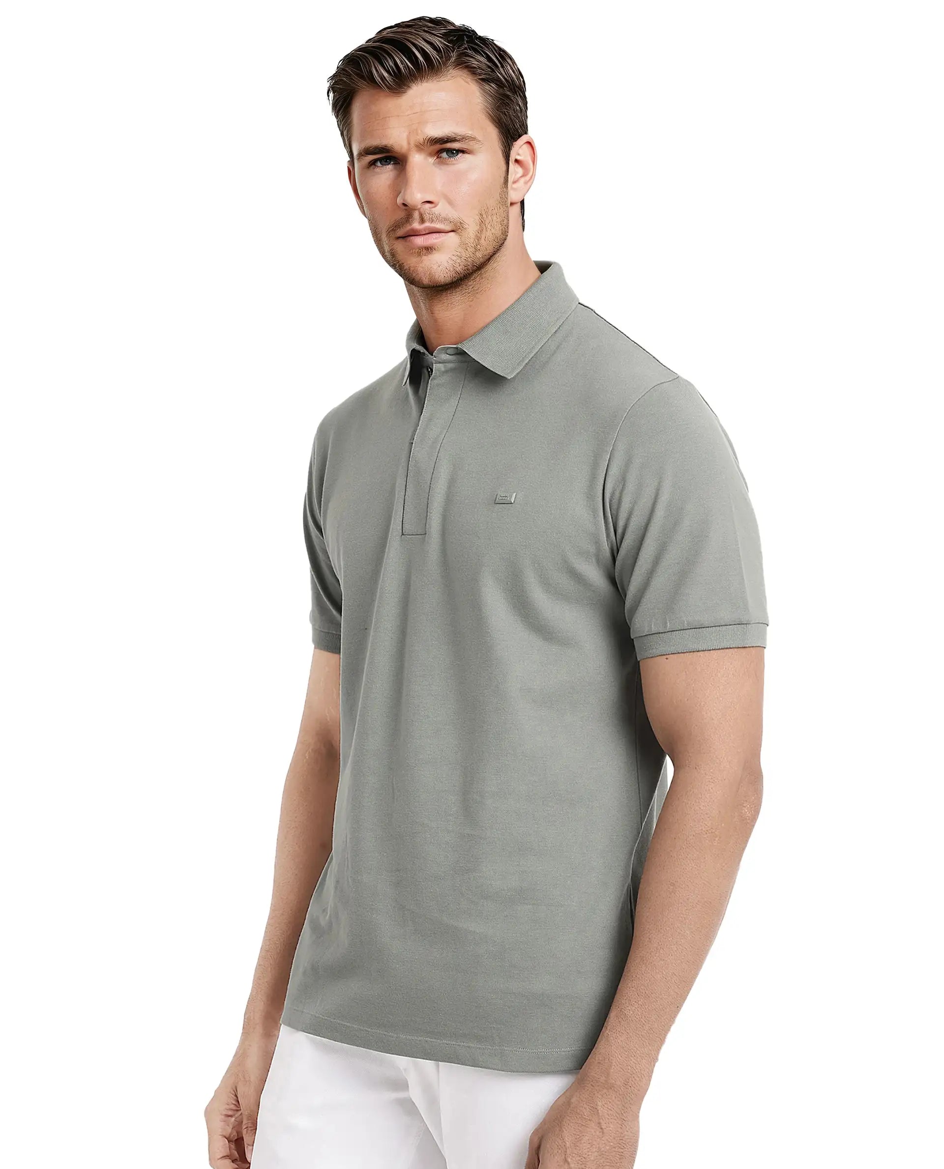 Rare Rabbit Men Salis-2 Dusky Green Cotton Fabric Collared Neck Zipper And Snap Button Closure Half Sleeves Polo T-Shirt