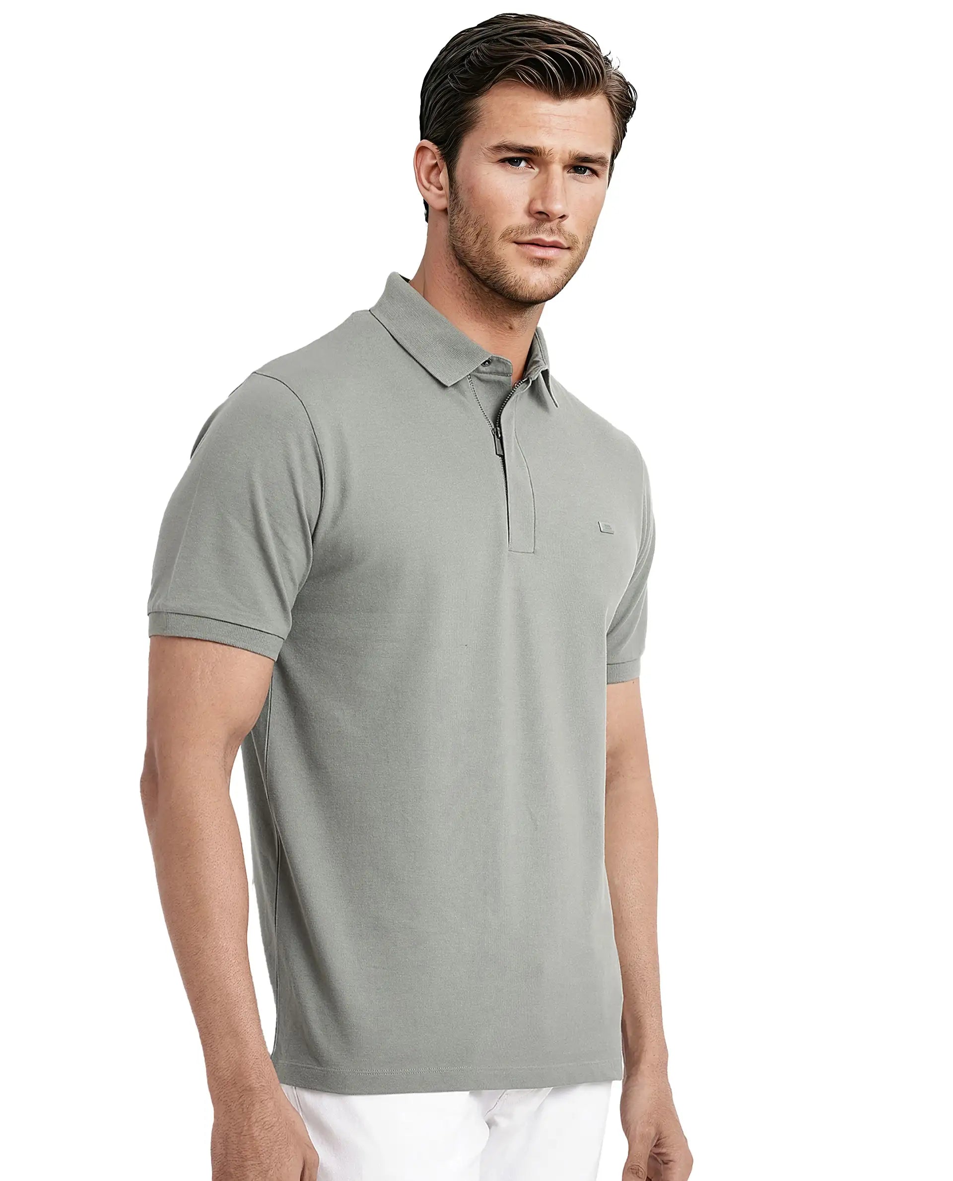 Rare Rabbit Men Salis-2 Dusky Green Cotton Fabric Collared Neck Zipper And Snap Button Closure Half Sleeves Polo T-Shirt