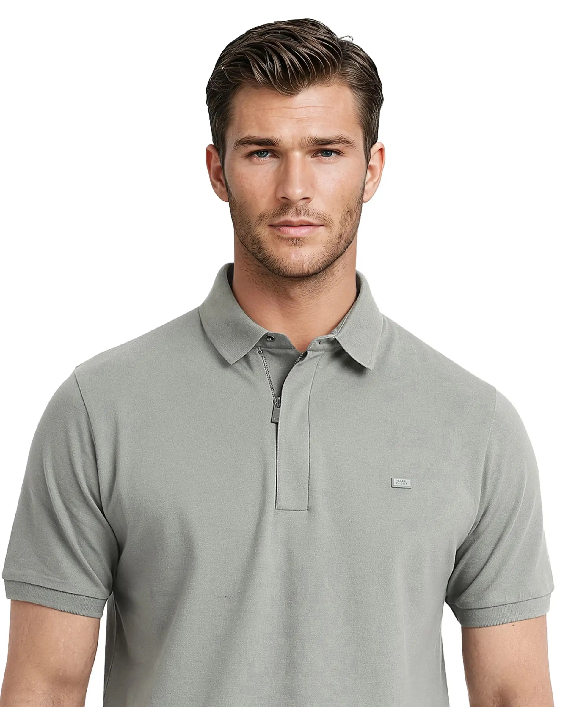 Rare Rabbit Men Salis-2 Dusky Green Cotton Fabric Collared Neck Zipper And Snap Button Closure Half Sleeves Polo T-Shirt