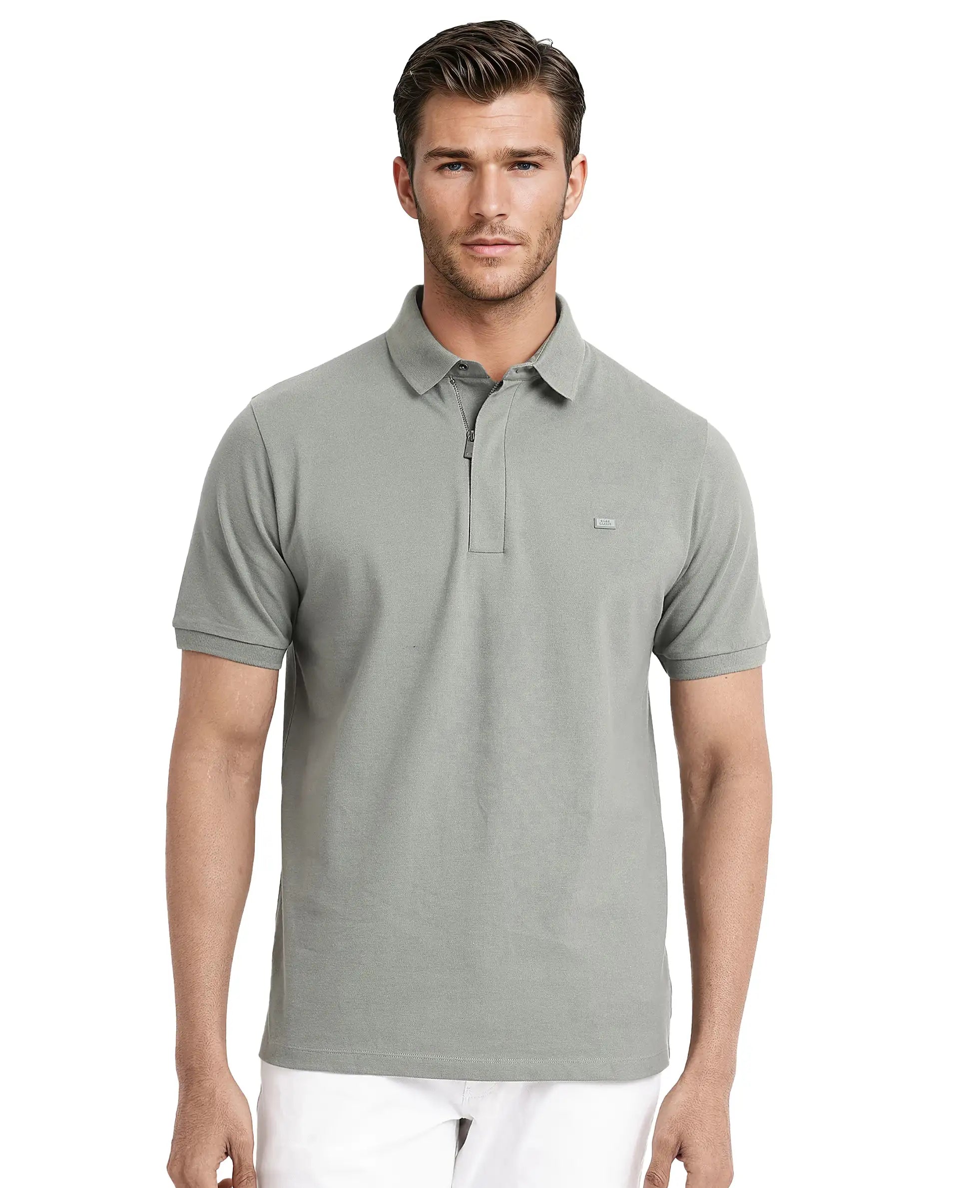 Rare Rabbit Men Salis-2 Dusky Green Cotton Fabric Collared Neck Zipper And Snap Button Closure Half Sleeves Polo T-Shirt