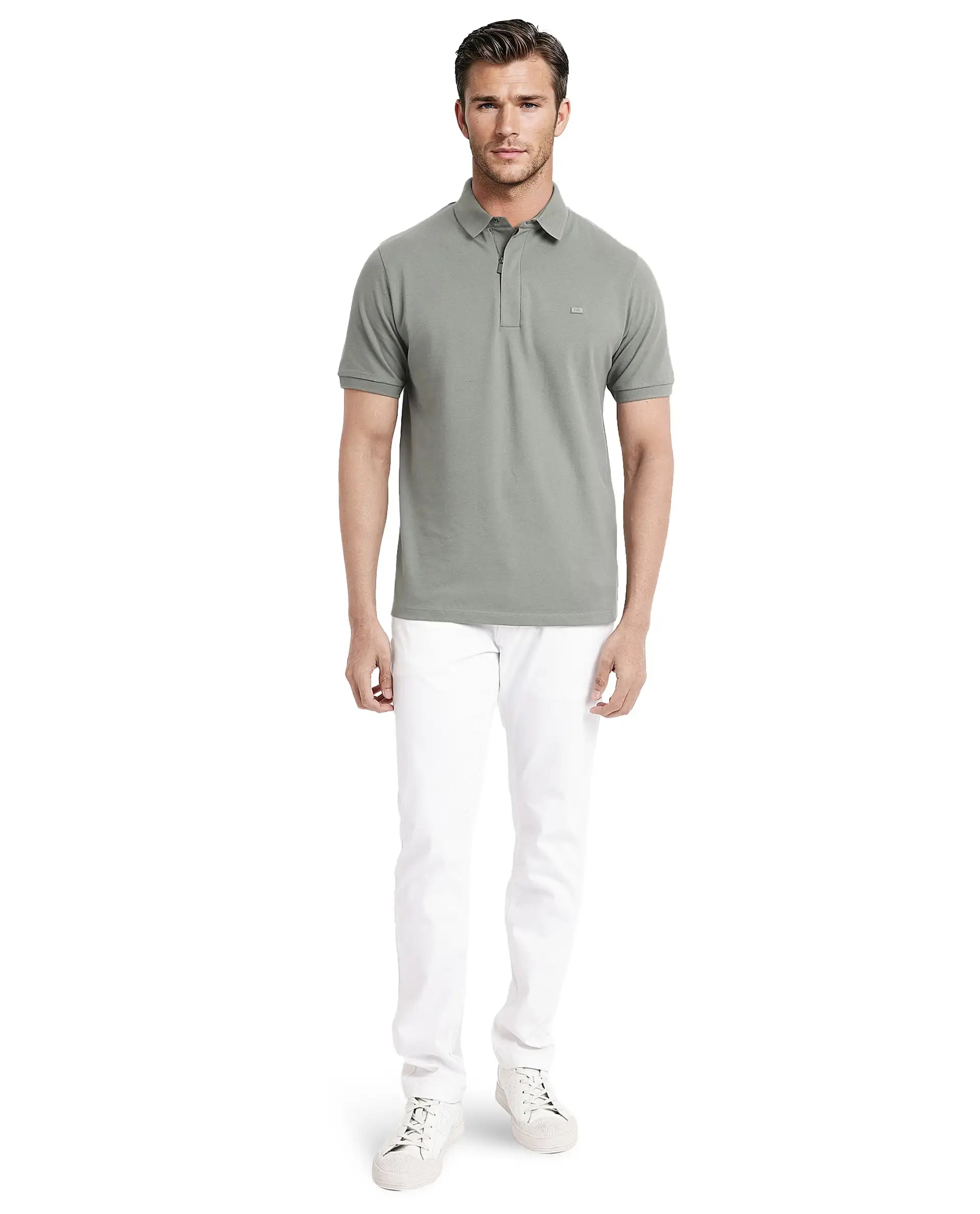 Rare Rabbit Men Salis-2 Dusky Green Cotton Fabric Collared Neck Zipper And Snap Button Closure Half Sleeves Polo T-Shirt