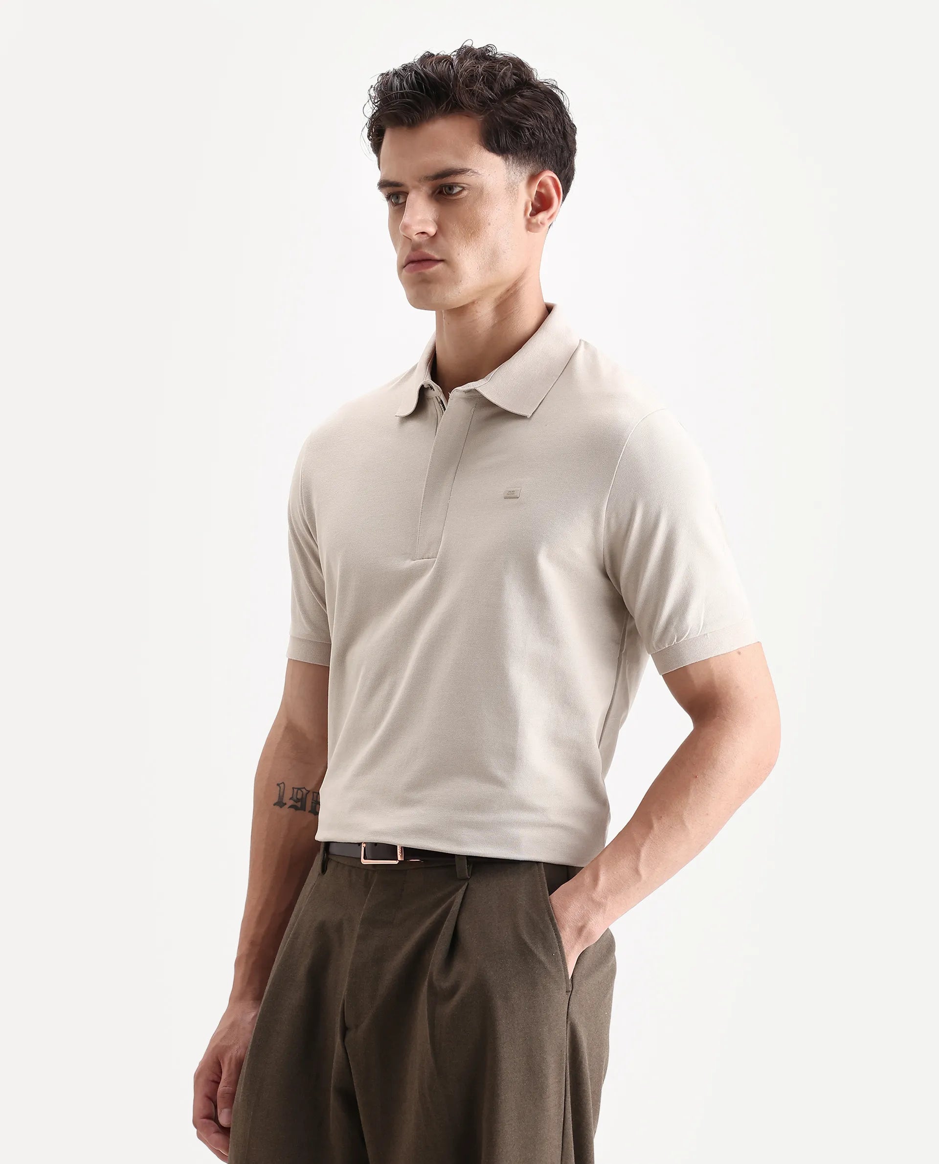 Rare Rabbit Men's Salis-A25 Beige Cotton Blend Plain Regular Fit Half Sleeve Polo