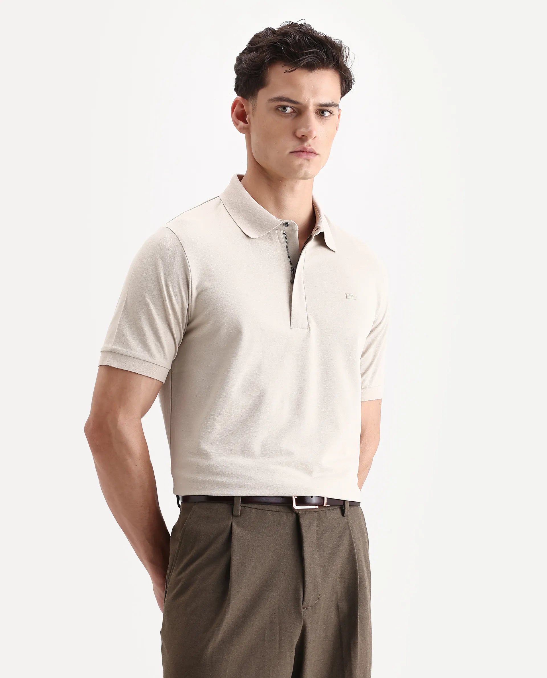 Rare Rabbit Men's Salis-A25 Beige Cotton Blend Plain Regular Fit Half Sleeve Polo