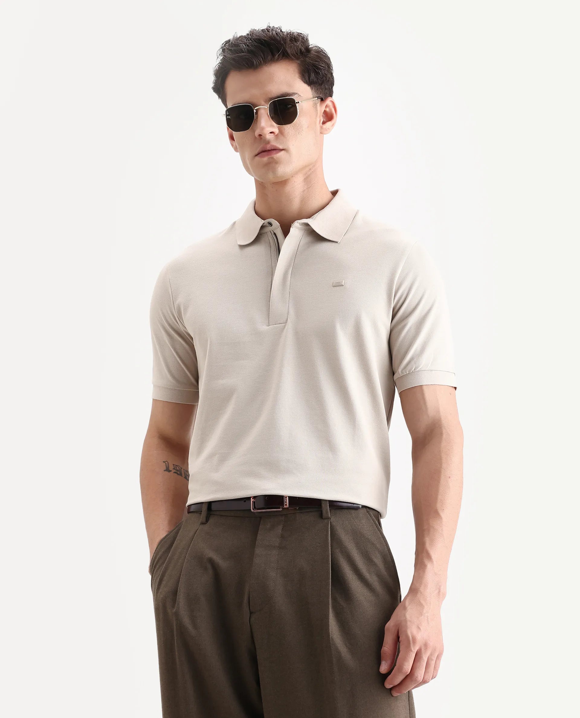 Rare Rabbit Men's Salis-A25 Beige Cotton Blend Plain Regular Fit Half Sleeve Polo